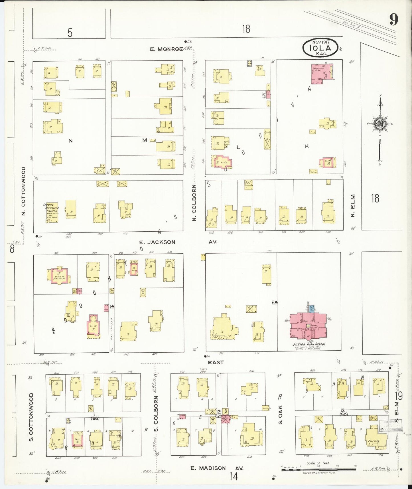 Sanborn Fire Insurance Map from Iola, Allen County, Kansas (1917), Sheet #0009 - Historic Sanborn Fire Insurance Map Print, vintage old map wall art, antique decor, genealogy gift, Kansas Kansas map
