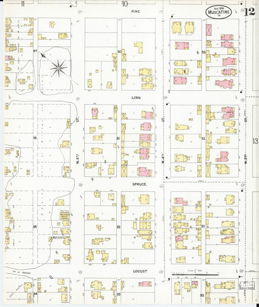 Sanborn Fire Insurance Map from Muscatine, Muscatine County, Iowa (1899), Sheet #0012 - Historic Sanborn Fire Insurance Map Print, vintage old map wall art