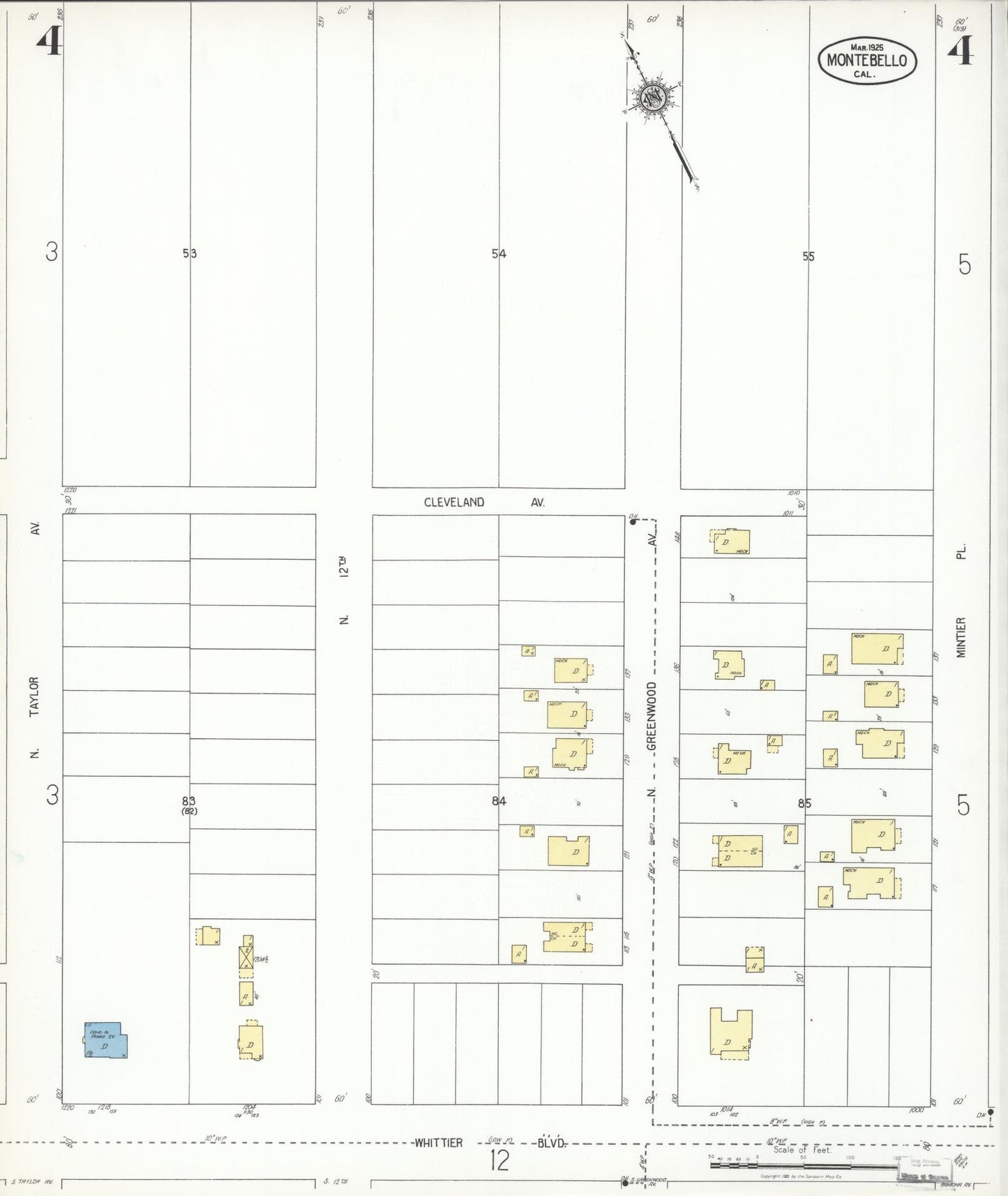 Sanborn Fire Insurance Map from Montebello, Los Angeles County, California (1925), Sheet #0004 - Historic Sanborn Fire Insurance Map Print, vintage old map wall art, antique decor, genealogy gift, California California map