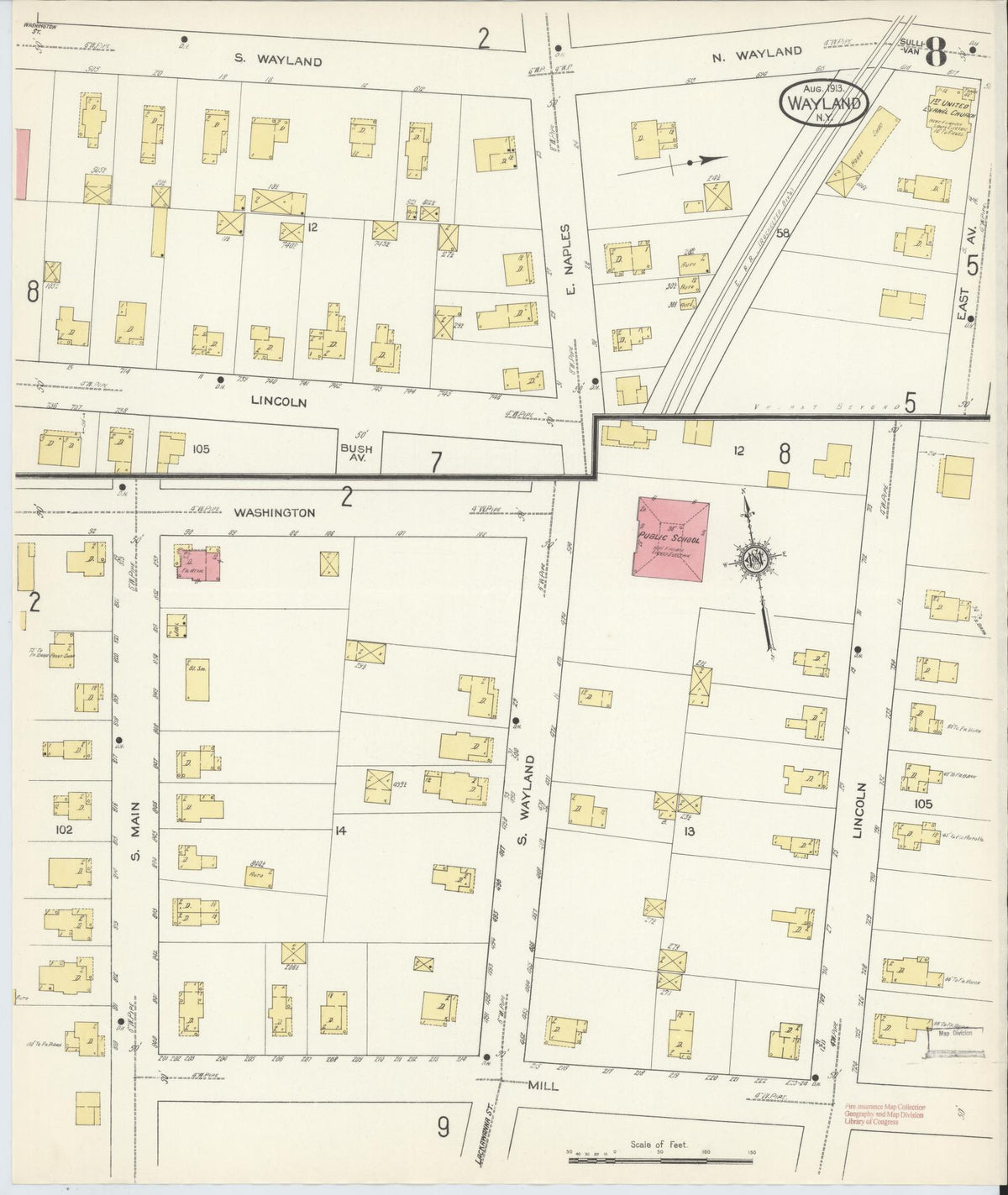 Sanborn Fire Insurance Map from Wayland, Steuben County, New York (1913), Sheet #0008 - Historic Sanborn Fire Insurance Map Print, vintage old map wall art, antique decor, genealogy gift, New York New York map