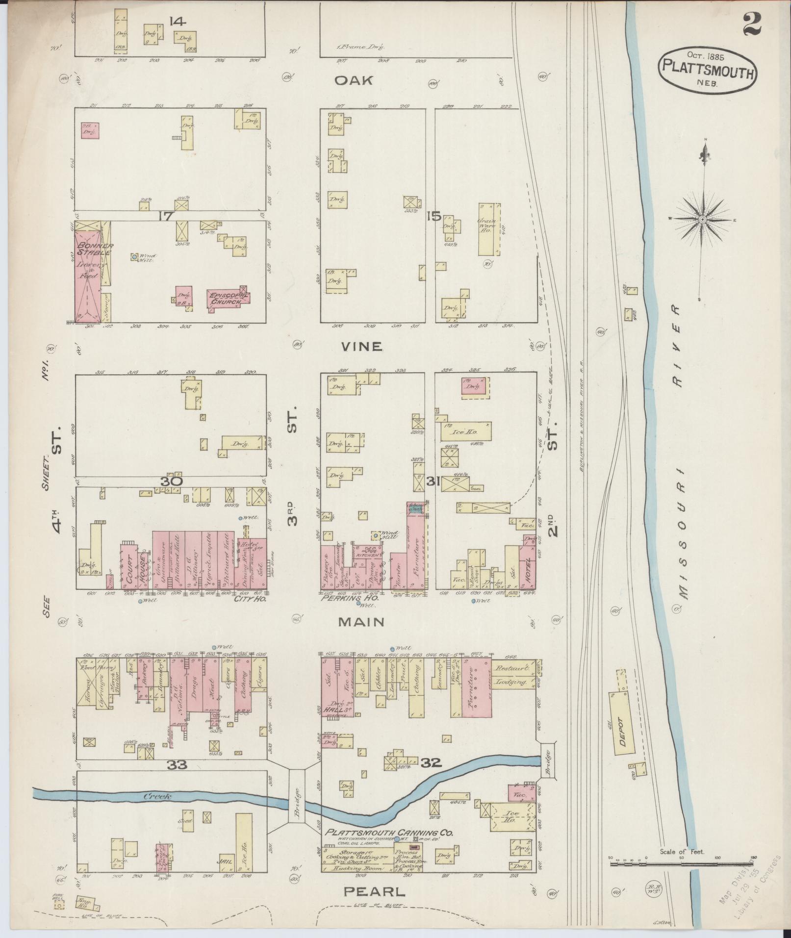Sanborn Fire Insurance Map from Plattsmouth, Cass County, Nebraska (1885), Sheet #0002 - Complete Map Set gallery image, historic Sanborn map, vintage wall art, Nebraska Nebraska