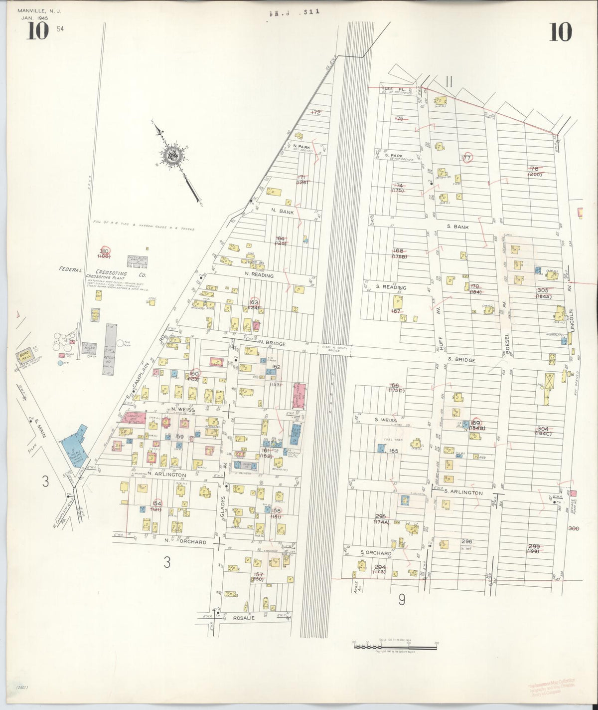 Sanborn Fire Insurance Map from Manville, Somerset County, New Jersey (1949), Sheet #0010 - Historic Sanborn Fire Insurance Map Print, vintage old map wall art, antique decor, genealogy gift, New Jersey New Jersey map