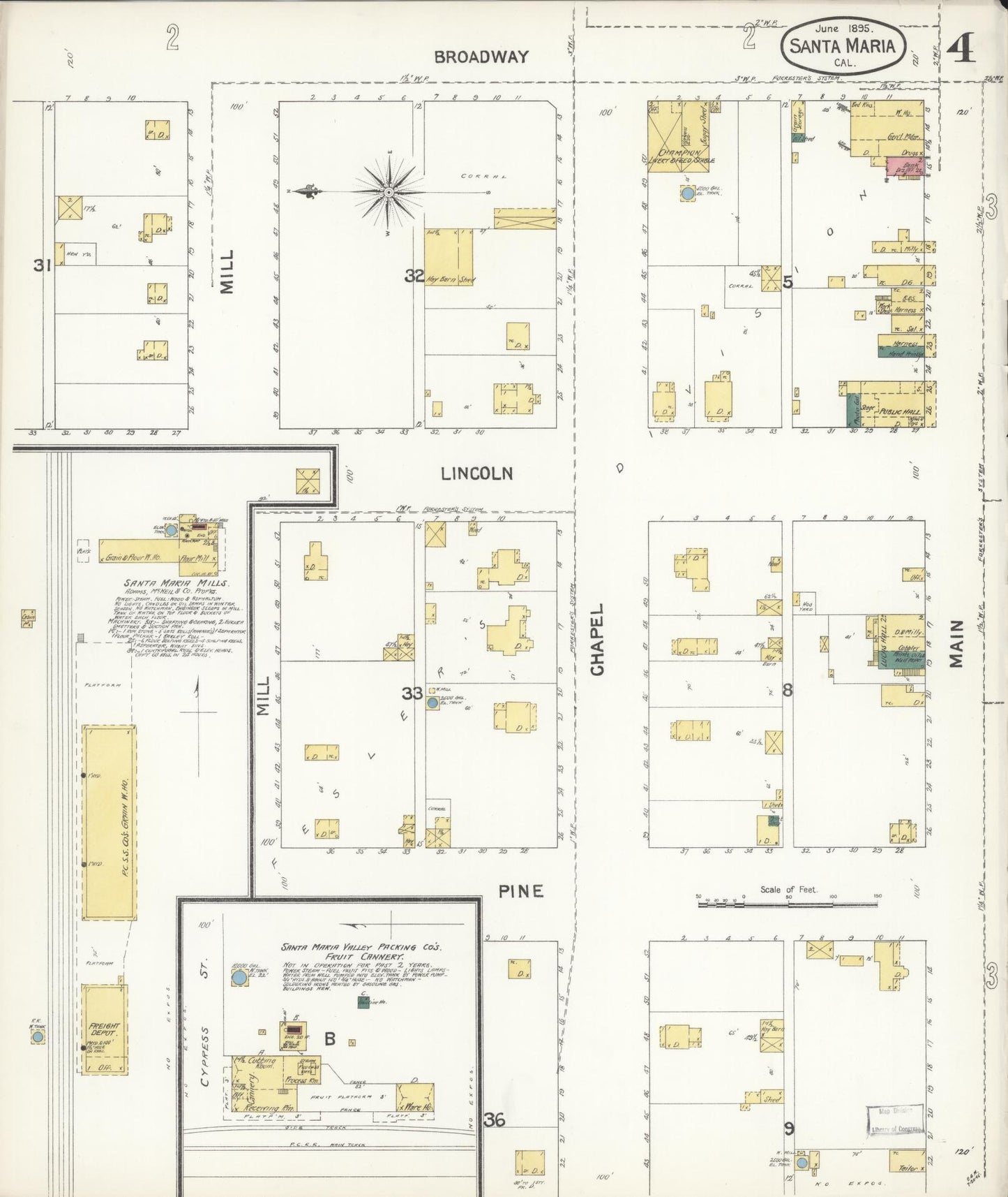 Sanborn Fire Insurance Map from Santa Maria, Santa Barbara County, California (1895), Sheet #0004 - Complete Map Set gallery image, historic Sanborn map, vintage wall art, California California
