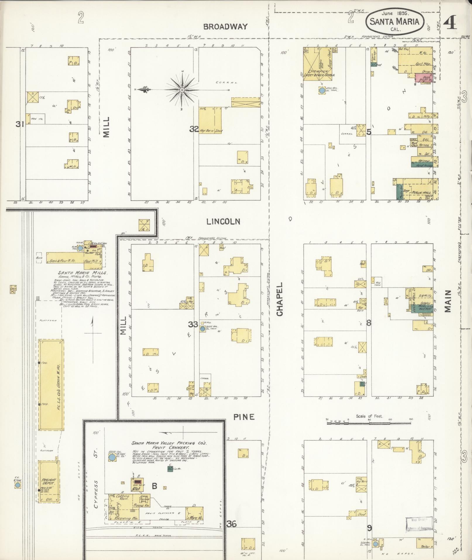 Sanborn Fire Insurance Map from Santa Maria, Santa Barbara County, California (1895), Sheet #0004 - Complete Map Set gallery image, historic Sanborn map, vintage wall art, California California