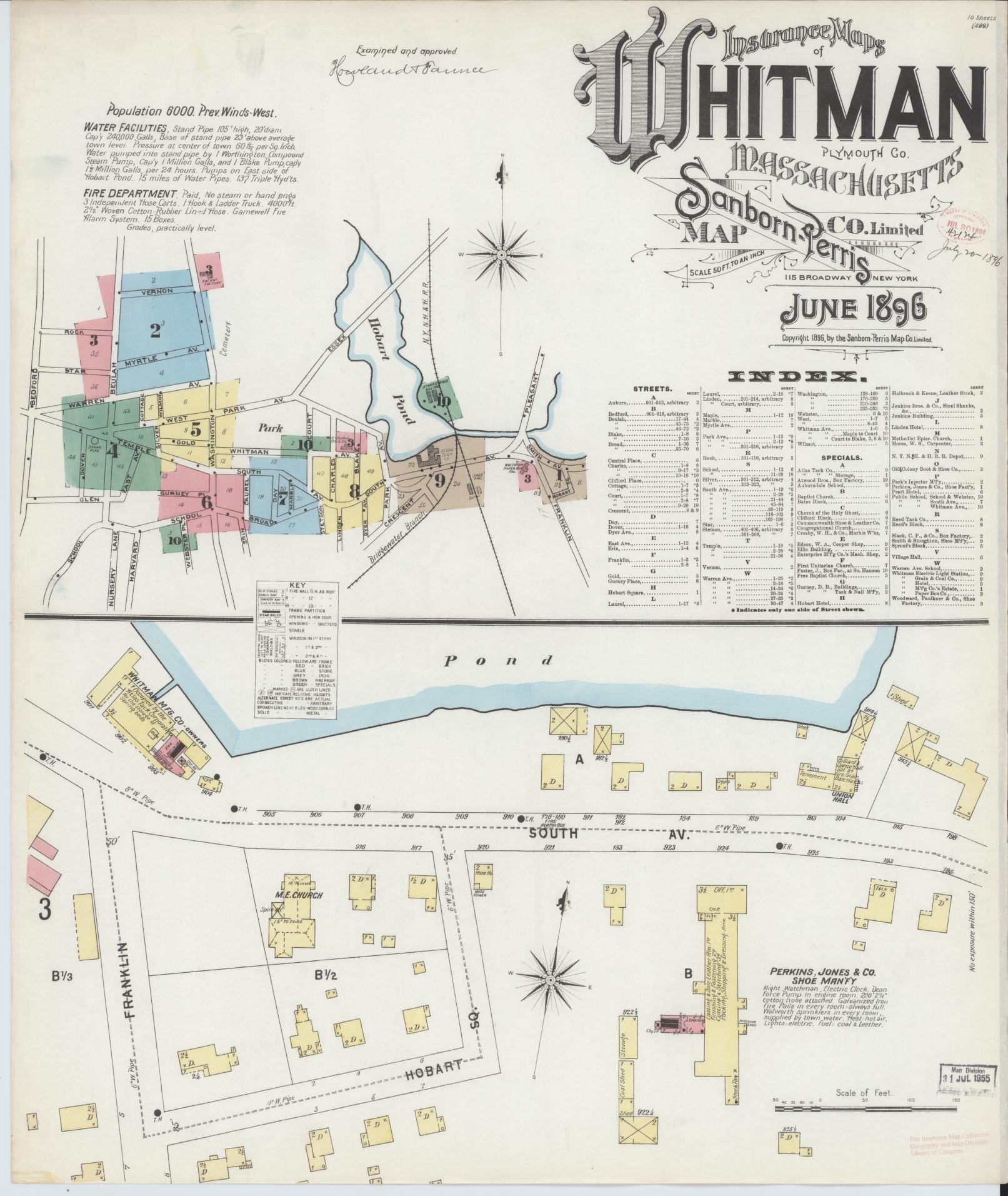 Sanborn Fire Insurance Map from Whitman, Plymouth County, Massachusetts (1896), Sheet #0001 - Historic Sanborn Fire Insurance Map Print, vintage old map wall art, antique decor, genealogy gift, Massachusetts Massachusetts map