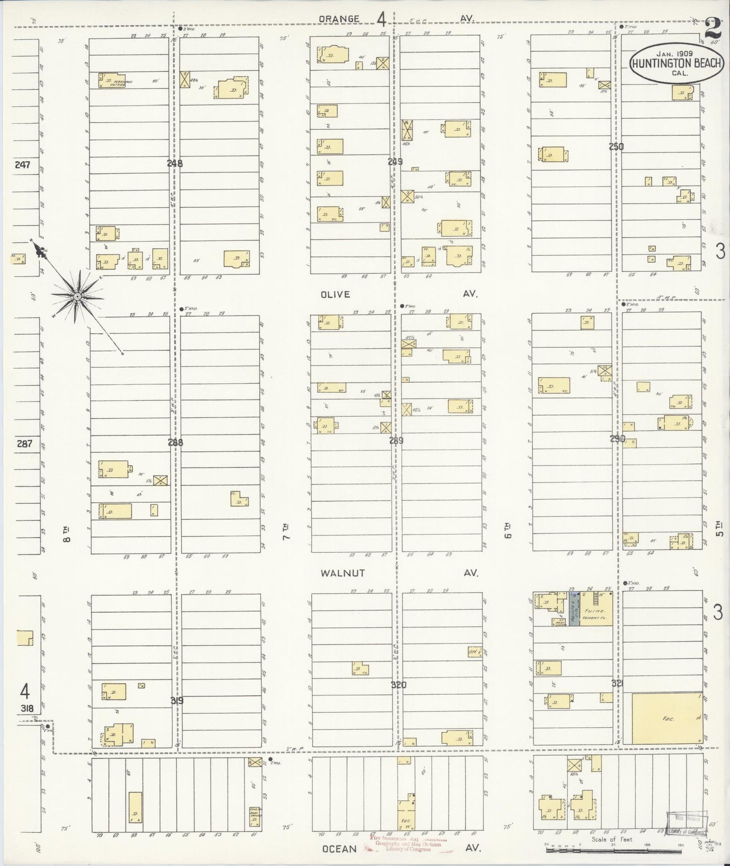 Sanborn Fire Insurance Map from Huntington Beach, Orange County, California (1909), Sheet #0002 - Historic Sanborn Fire Insurance Map Print, vintage old map wall art, antique decor, genealogy gift, California California map