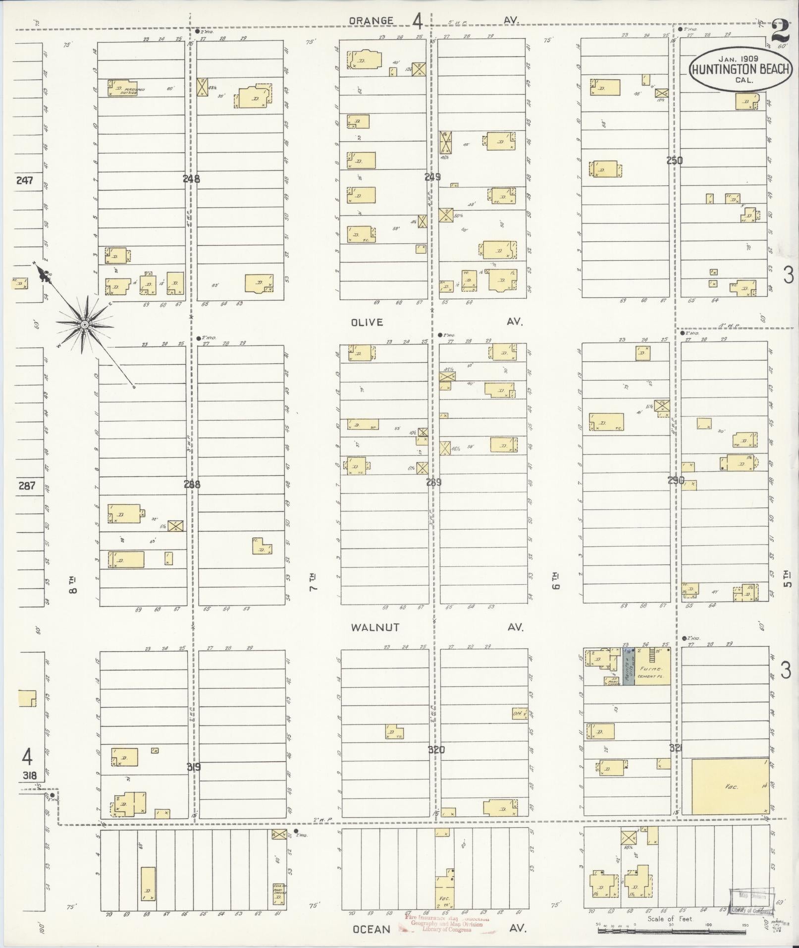 Sanborn Fire Insurance Map from Huntington Beach, Orange County, California (1909), Sheet #0002 - Historic Sanborn Fire Insurance Map Print, vintage old map wall art, antique decor, genealogy gift, California California map