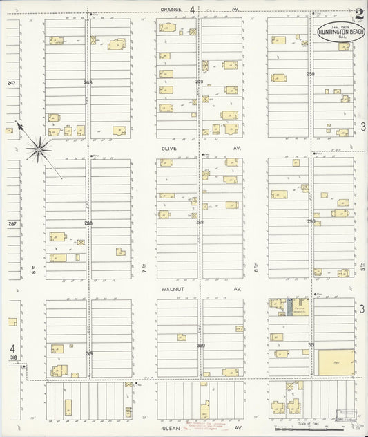 Sanborn Fire Insurance Map from Huntington Beach, Orange County, California (1909), Sheet #0002 - Historic Sanborn Fire Insurance Map Print, vintage old map wall art, antique decor, genealogy gift, California California map
