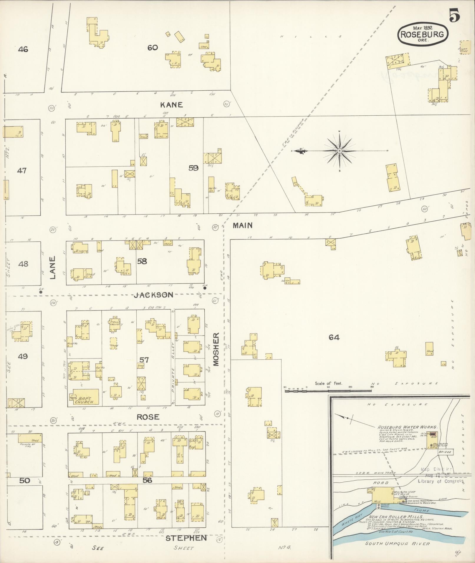 Sanborn Fire Insurance Map from Roseburg, Douglas County, Oregon (1892), Sheet #0005 - Complete Map Set gallery image, historic Sanborn map, vintage wall art, Oregon Oregon