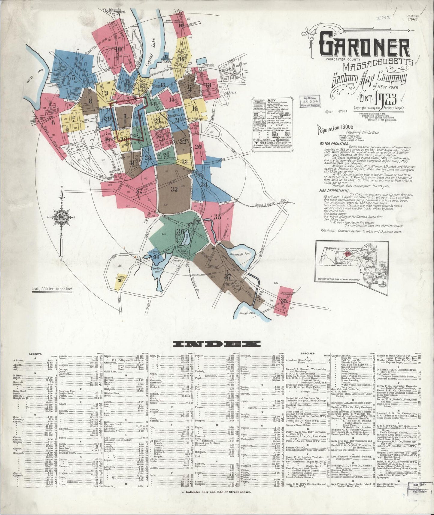 Sanborn Fire Insurance Map from Gardner, Worcester County, Massachusetts (1923), Sheet #0001 - Historic Sanborn Fire Insurance Map Print, vintage old map wall art, antique decor, genealogy gift, Massachusetts Massachusetts map