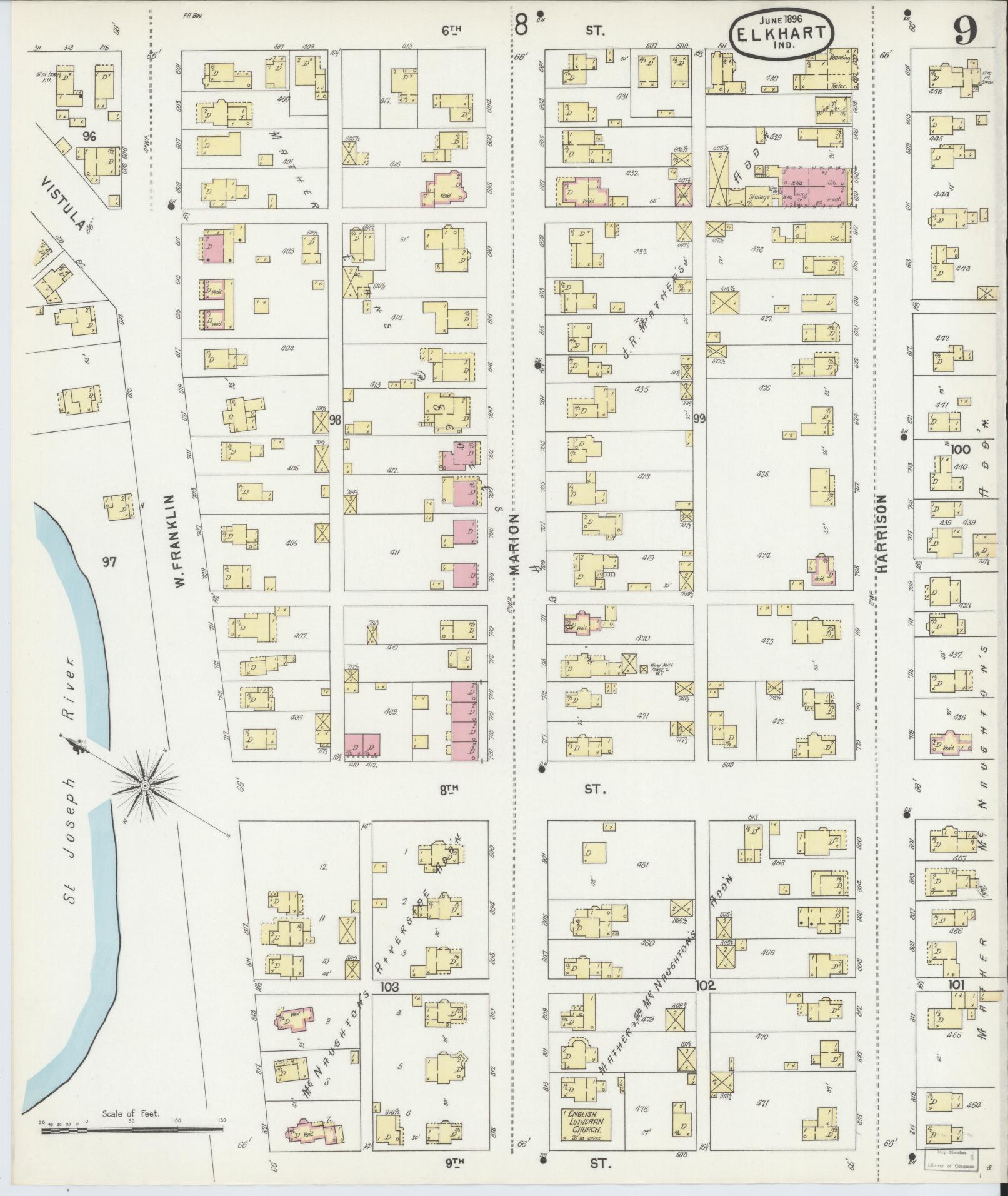 Sanborn Fire Insurance Map from Elkhart, Elkhart County, Indiana (1896), Sheet #0009 - Complete Map Set gallery image, historic Sanborn map, vintage wall art, Indiana Indiana