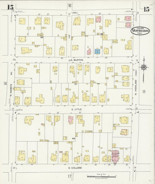 Sanborn Fire Insurance Map from Murfreesboro, Rutherford County, Tennessee (1924), Sheet #0015 - Historic Sanborn Fire Insurance Map Print, vintage old map wall art, antique decor, genealogy gift, Tennessee Tennessee map