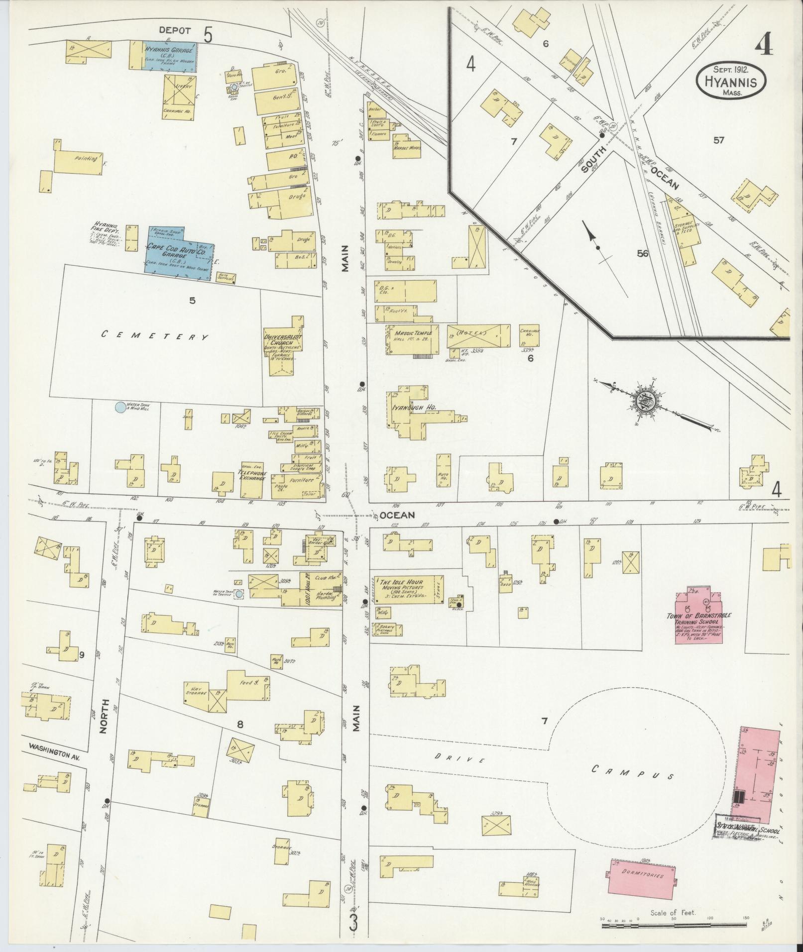 Sanborn Fire Insurance Map from Hyannis, Barnstable County, Massachusetts (1912), Sheet #0004 - Historic Sanborn Fire Insurance Map Print, vintage old map wall art, antique decor, genealogy gift, Massachusetts Massachusetts map
