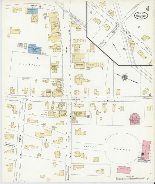 Sanborn Fire Insurance Map from Hyannis, Barnstable County, Massachusetts (1912), Sheet #0004 - Historic Sanborn Fire Insurance Map Print, vintage old map wall art, antique decor, genealogy gift, Massachusetts Massachusetts map