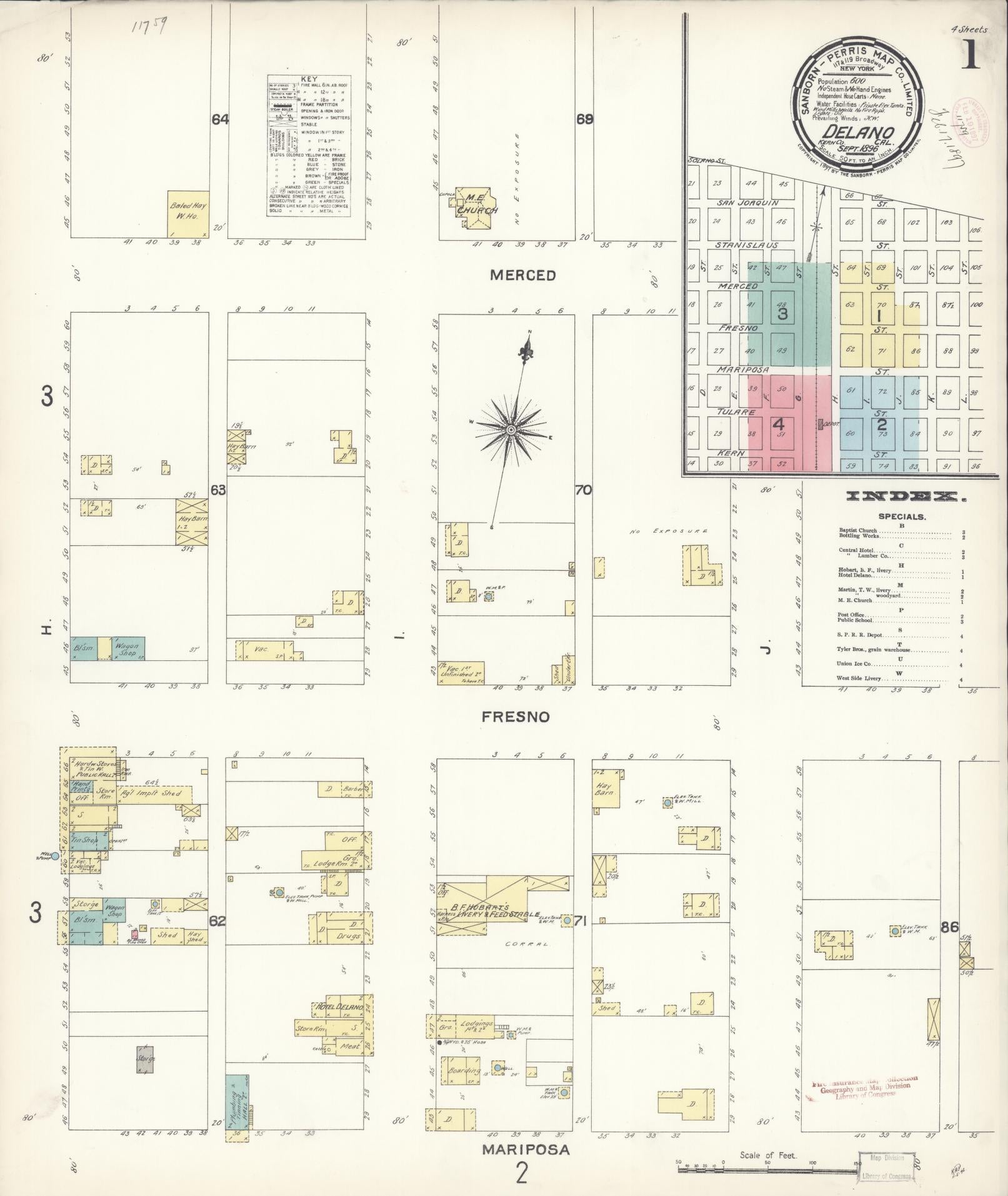 Sanborn Fire Insurance Map from Delano, Kern County, California (1896), Sheet #0001 - Historic Sanborn Fire Insurance Map Print, vintage old map wall art, antique decor, genealogy gift, California California map