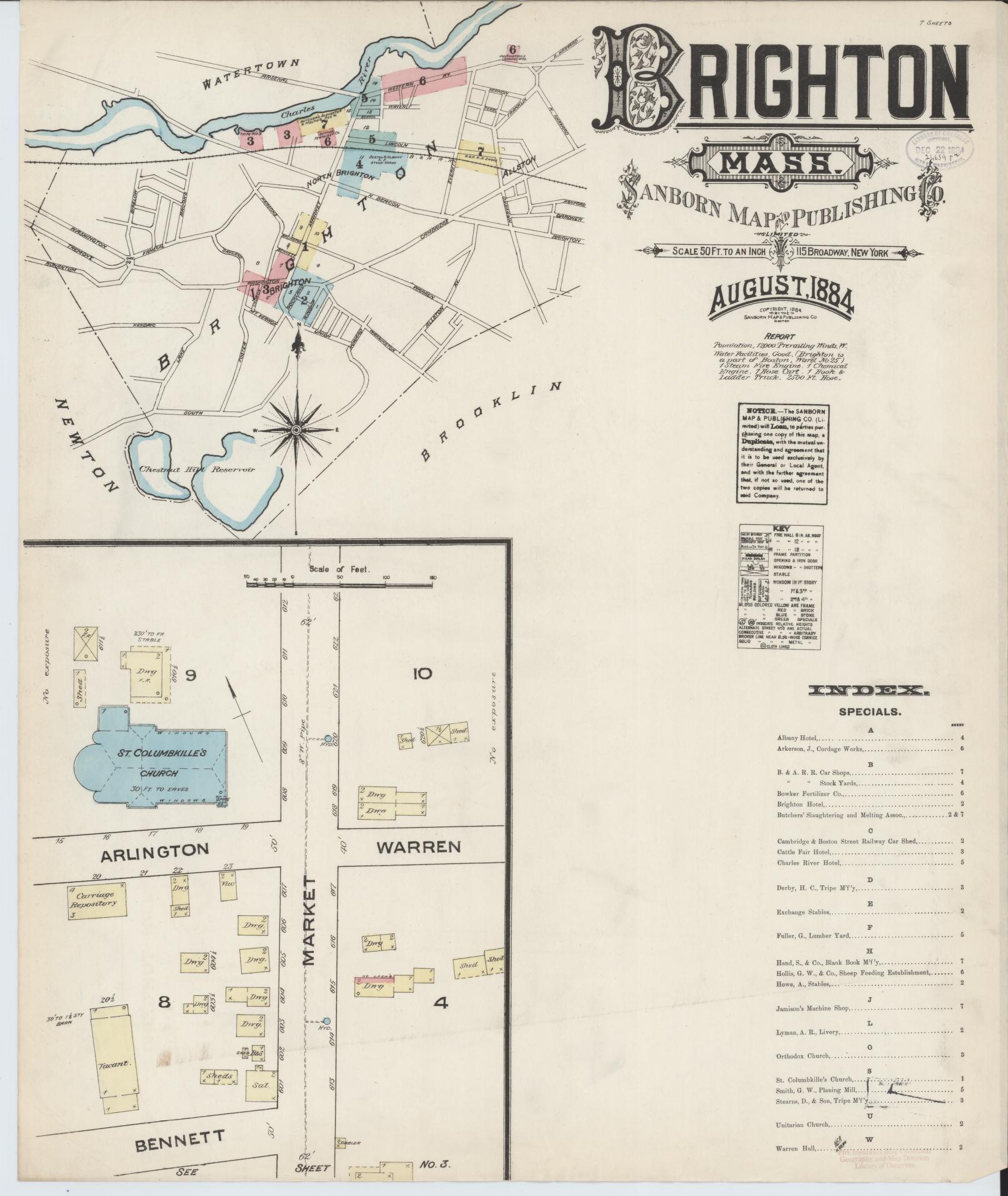 Sanborn Fire Insurance Map from Brighton, Suffolk County, Massachusetts (1884), Sheet #0001 - Historic Sanborn Fire Insurance Map Print, vintage old map wall art, antique decor, genealogy gift, Massachusetts Massachusetts map