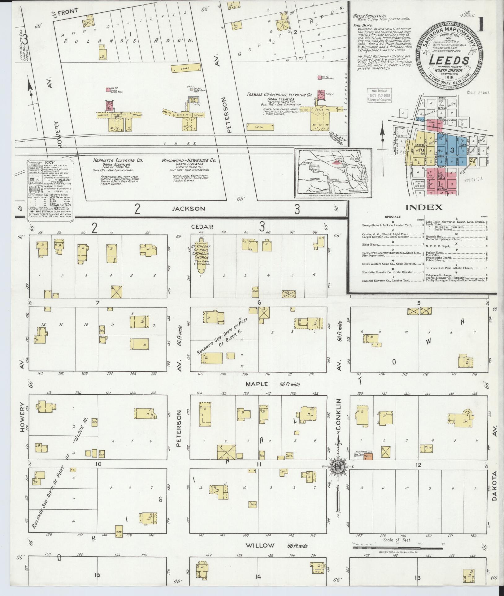 Sanborn Fire Insurance Map from Leeds, Benson County, North Dakota (1918), Sheet #0001 - Complete Map Set gallery image, historic Sanborn map, vintage wall art, North Dakota North Dakota
