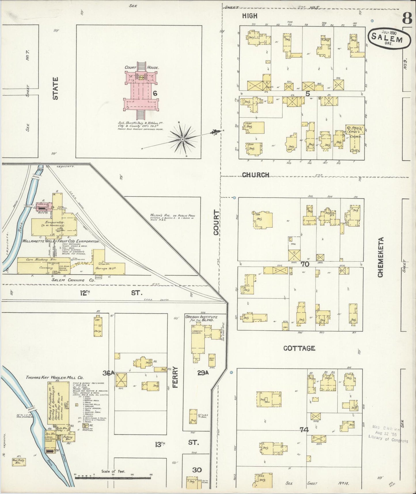 Sanborn Fire Insurance Map from Salem, Marion County, Oregon (1890), Sheet #0008 - Complete Map Set gallery image, historic Sanborn map, vintage wall art, Oregon Oregon