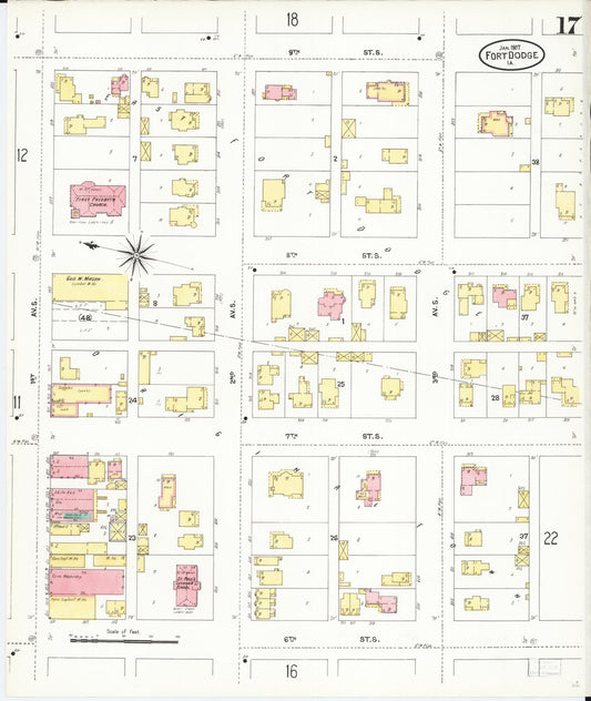 Sanborn Fire Insurance Map from Fort Dodge, Webster County, Iowa (1907), Sheet #0017 - Historic Sanborn Fire Insurance Map Print, vintage old map wall art