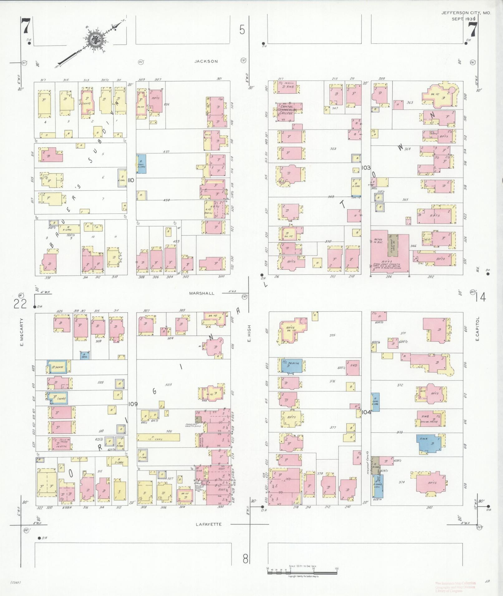 Sanborn Fire Insurance Map from Jefferson City, Cole County, Missouri (1939), Sheet #0007 - Historic Sanborn Fire Insurance Map Print, vintage old map wall art, antique decor, genealogy gift, Missouri Missouri map