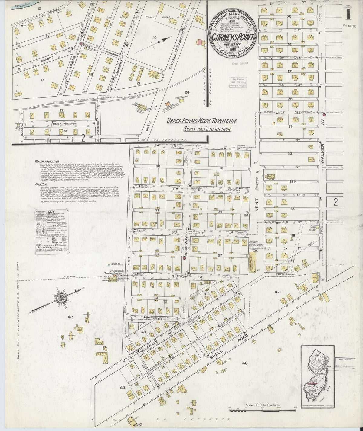 Sanborn Fire Insurance Map from Carneys Point, Salem County, New Jersey (1916), Sheet #0001 - Complete Map Set gallery image, historic Sanborn map, vintage wall art, New Jersey New Jersey