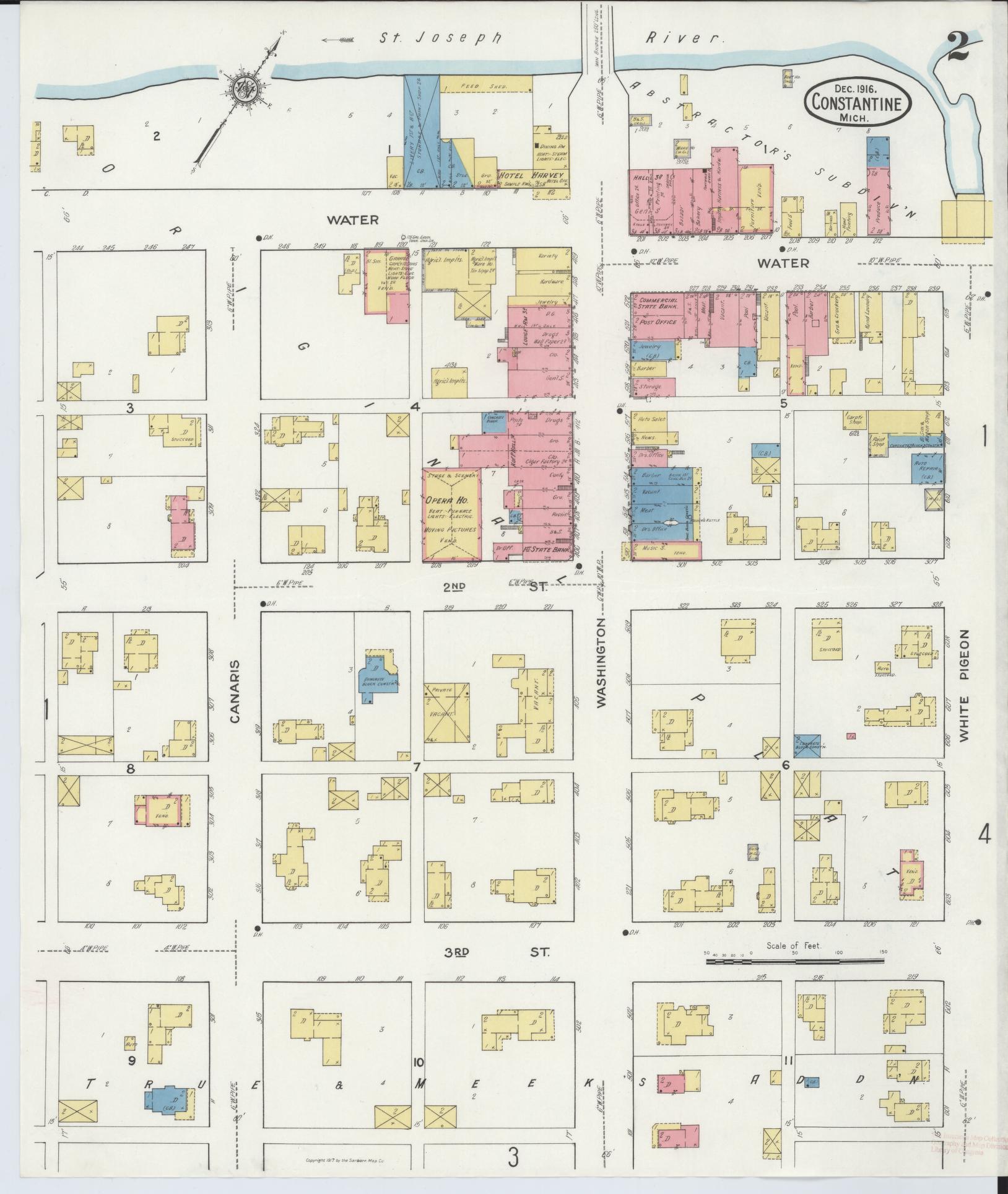 Sanborn Fire Insurance Map from Constantine, Saint Joseph County, Michigan (1916), Sheet #0002 - Historic Sanborn Fire Insurance Map Print, vintage old map wall art, antique decor, genealogy gift, Michigan Michigan map