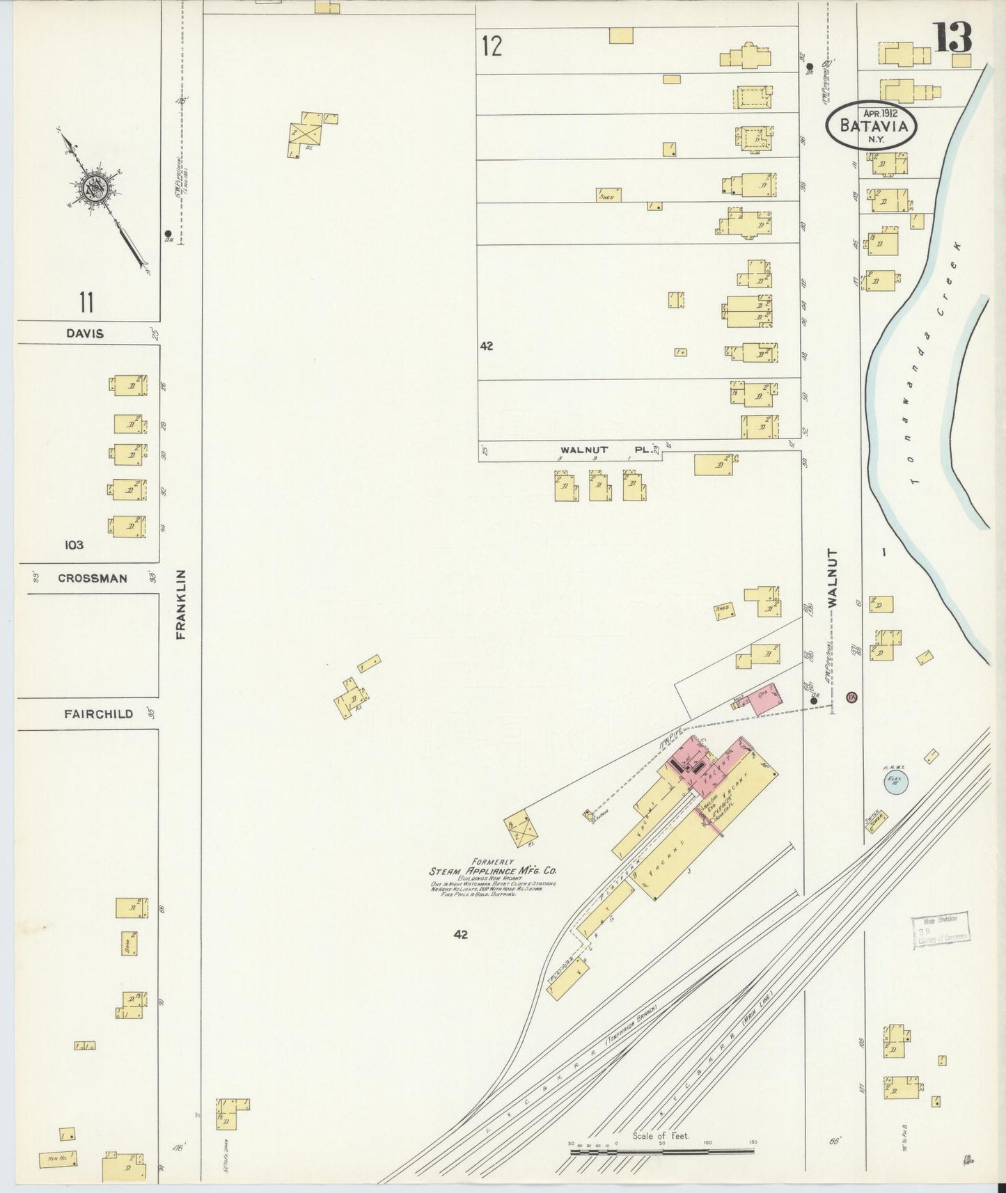 Sanborn Fire Insurance Map from Batavia, Genesee County, New York (1912), Sheet #0013 - Historic Sanborn Fire Insurance Map Print, vintage old map wall art, antique decor, genealogy gift, New York New York map