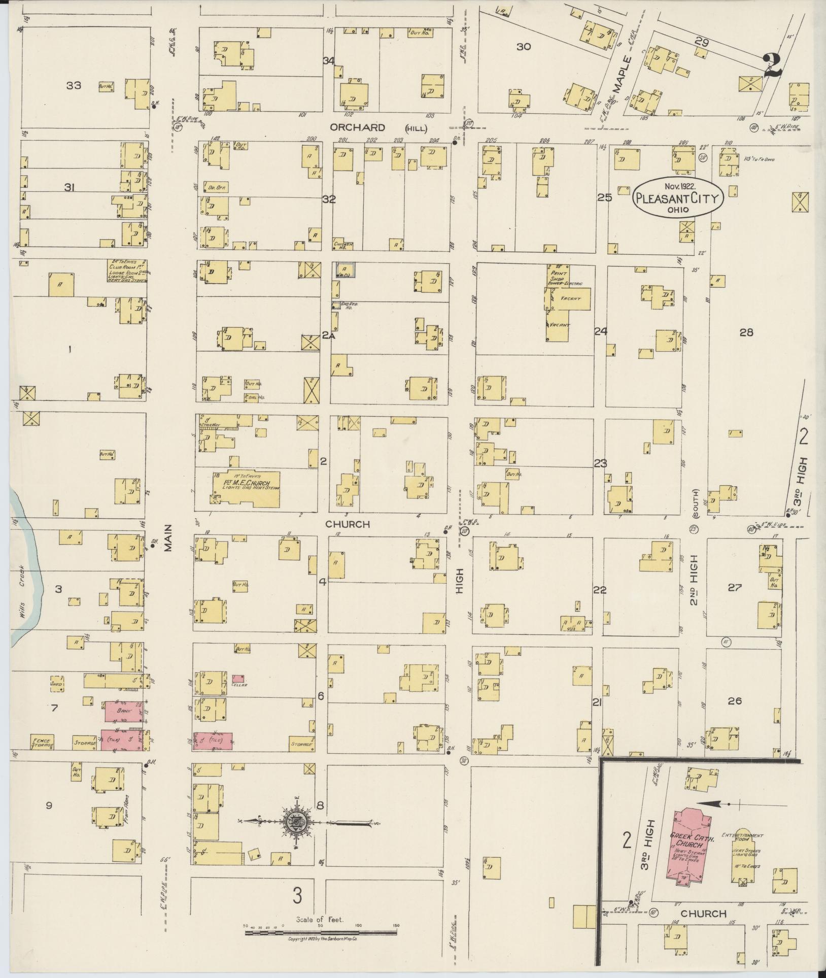 Sanborn Fire Insurance Map from Pleasant City, Guernsey County, Ohio (1922), Sheet #0002 - Complete Map Set gallery image, historic Sanborn map, vintage wall art, Ohio Ohio