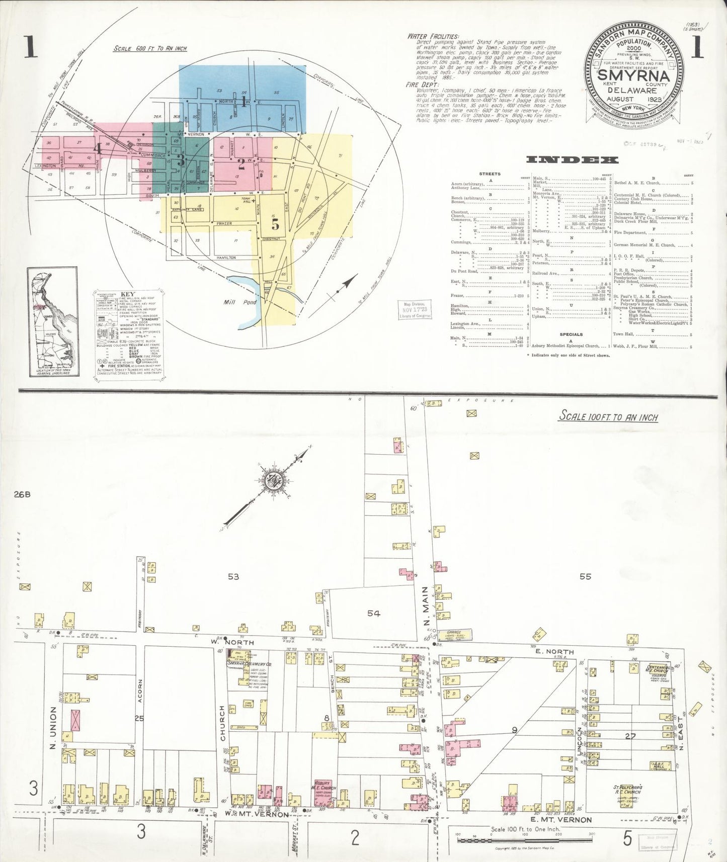 Sanborn Fire Insurance Map from Smyrna, Kent County, Delaware (1923), Sheet #0001 - Complete Map Set gallery image, historic Sanborn map, vintage wall art, Delaware Delaware