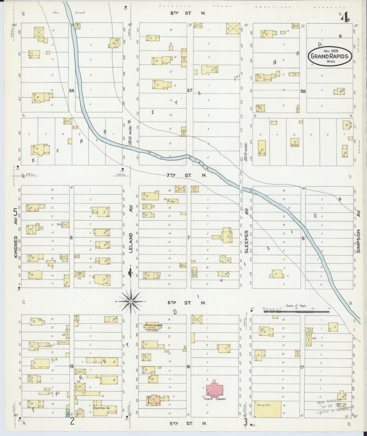 Sanborn Fire Insurance Map from Grand Rapids, Itasca County, Minnesota (1908), Sheet #0004 - Historic Sanborn Fire Insurance Map Print, vintage old map wall art, antique decor, genealogy gift, Minnesota Minnesota map