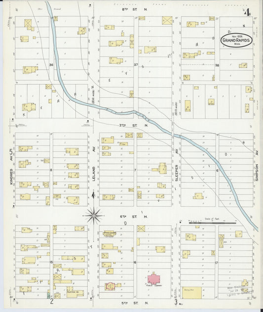 Sanborn Fire Insurance Map from Grand Rapids, Itasca County, Minnesota (1908), Sheet #0004 - Historic Sanborn Fire Insurance Map Print, vintage old map wall art, antique decor, genealogy gift, Minnesota Minnesota map