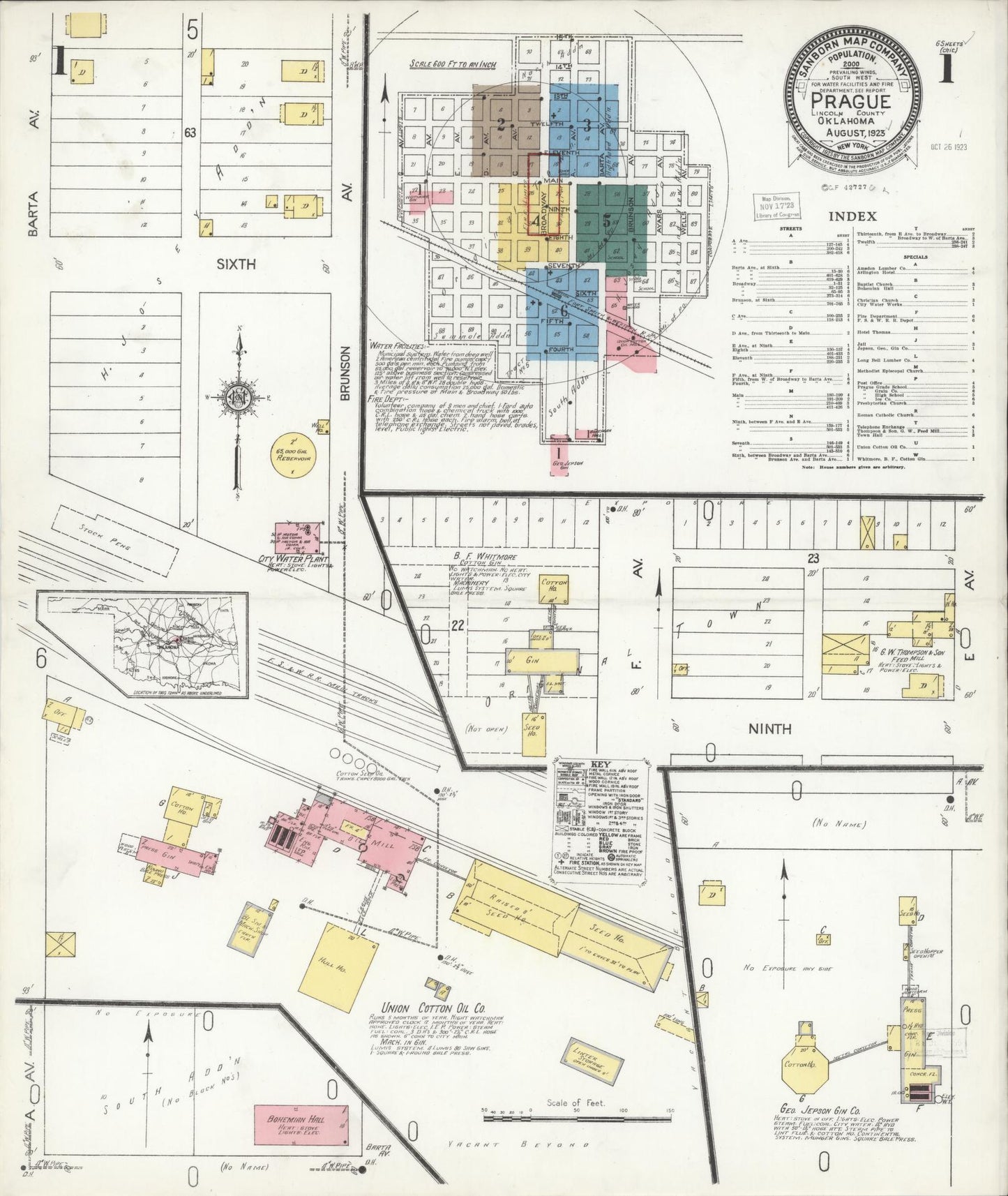 Sanborn Fire Insurance Map from Prague, Lincoln County, Oklahoma (1923), Sheet #0001 - Complete Map Set gallery image, historic Sanborn map, vintage wall art, Oklahoma Oklahoma