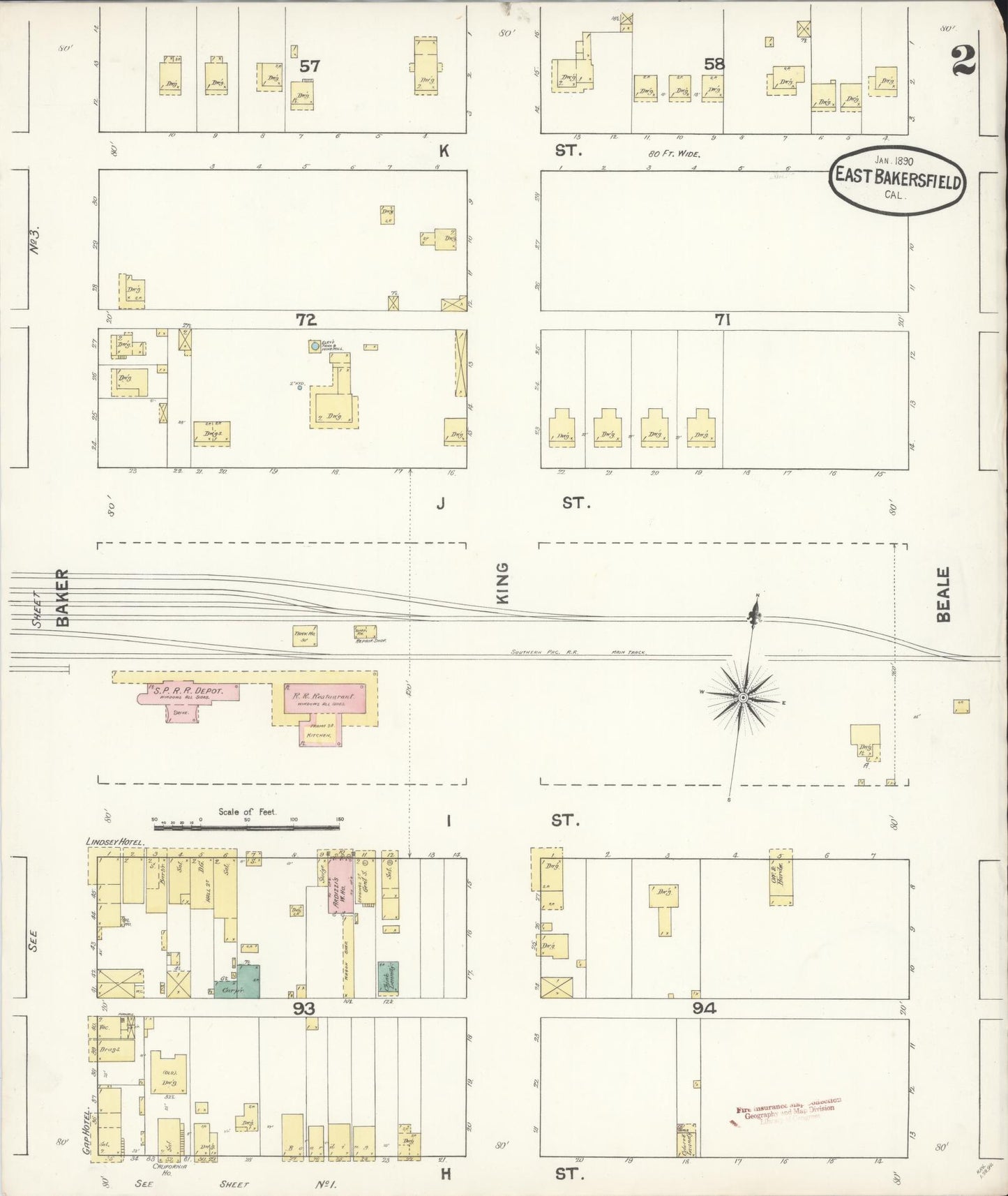 Sanborn Fire Insurance Map from East Bakersfield, Kern County, California (1890), Sheet #0002 - Complete Map Set gallery image, historic Sanborn map, vintage wall art, California California