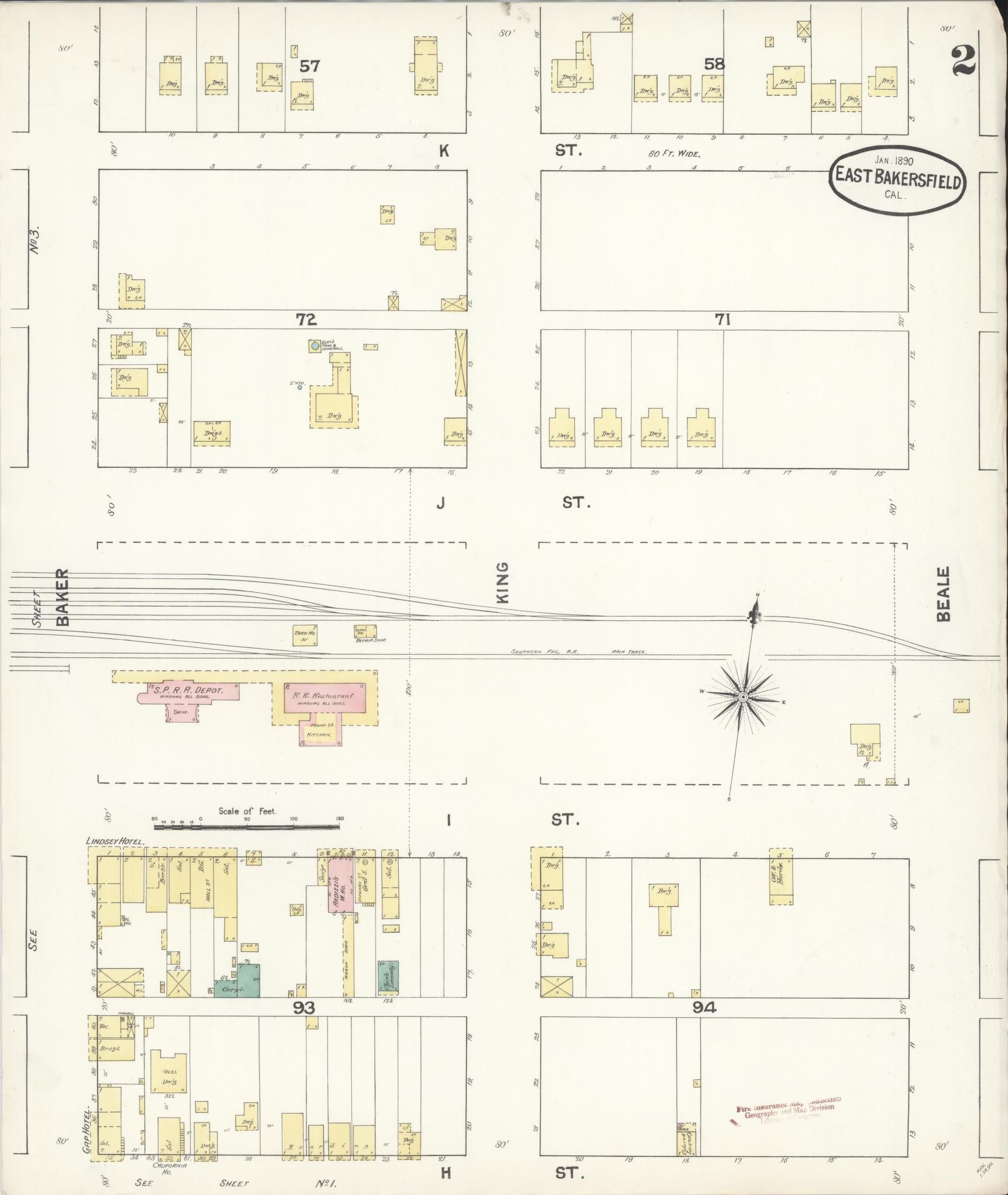 Sanborn Fire Insurance Map from East Bakersfield, Kern County, California (1890), Sheet #0002 - Complete Map Set gallery image, historic Sanborn map, vintage wall art, California California