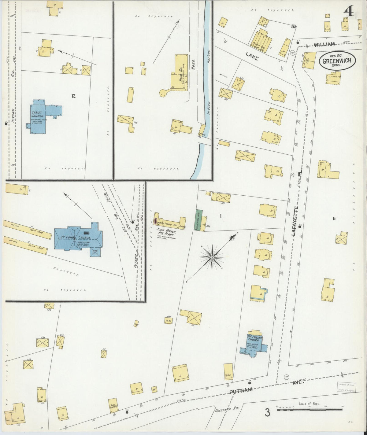Sanborn Fire Insurance Map from Greenwich, Fairfield County, Connecticut (1901), Sheet #0004 - Historic Sanborn Fire Insurance Map Print, vintage old map wall art, antique decor, genealogy gift, Connecticut Connecticut map