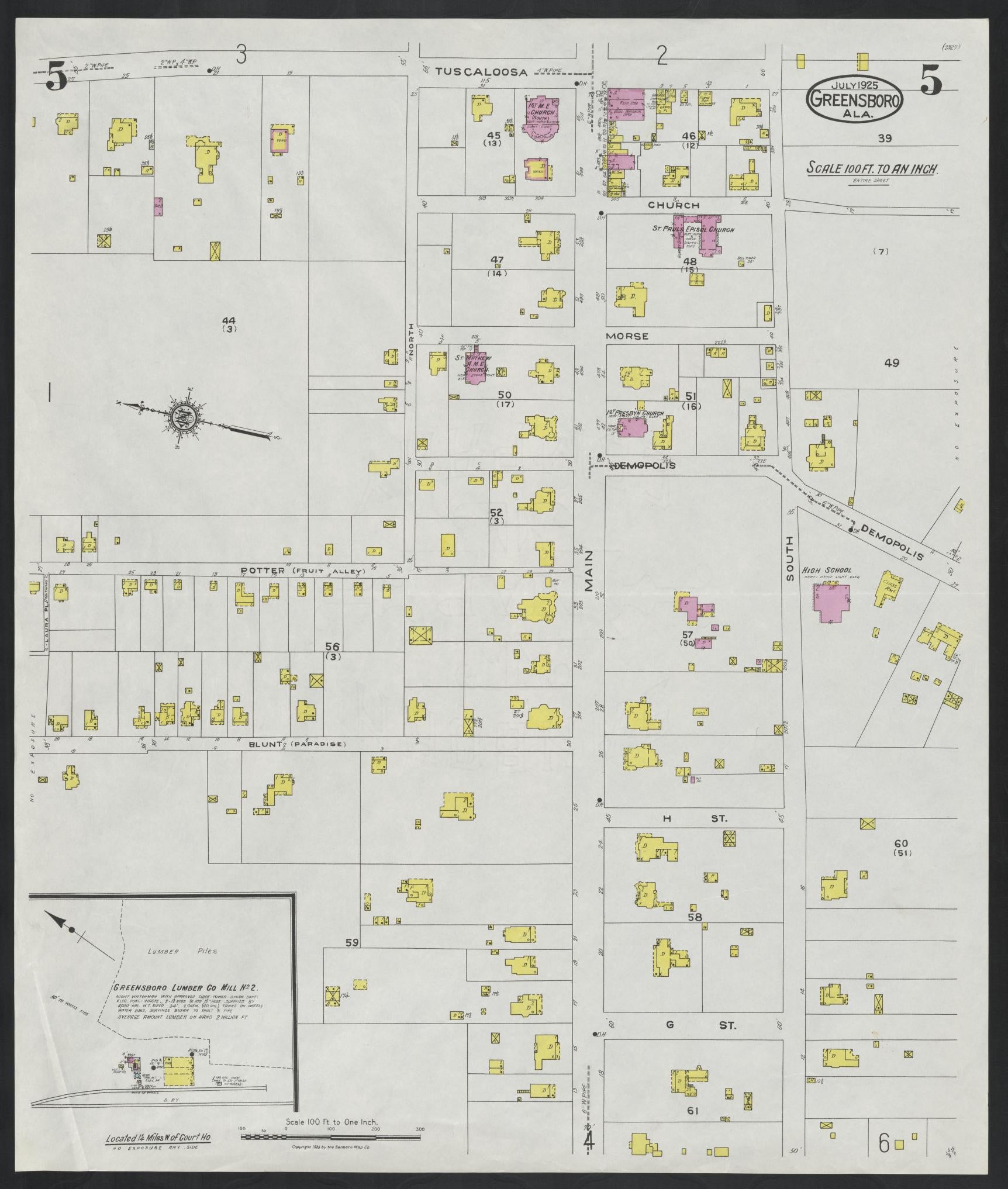 Sanborn Fire Insurance Map from Greensboro, Hale County, Alabama (1925), Sheet #0005 - Complete Map Set gallery image, historic Sanborn map, vintage wall art, Alabama Alabama