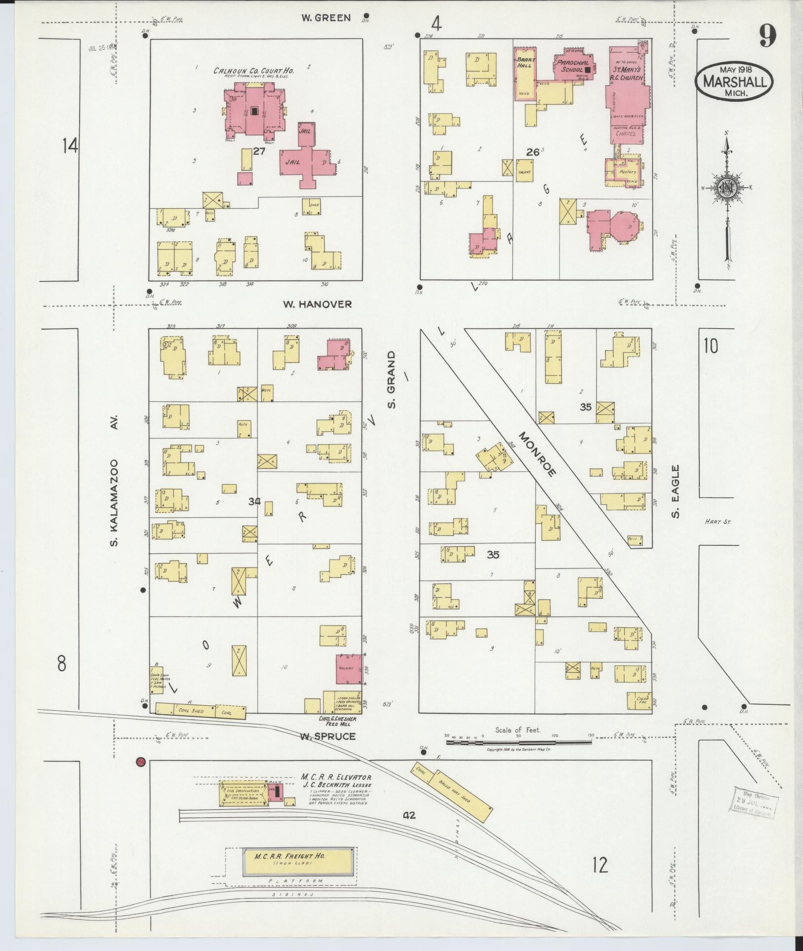 Sanborn Fire Insurance Map from Marshall, Calhoun County, Michigan (1916), Sheet #0009 - Complete Map Set gallery image, historic Sanborn map, vintage wall art, Michigan Michigan