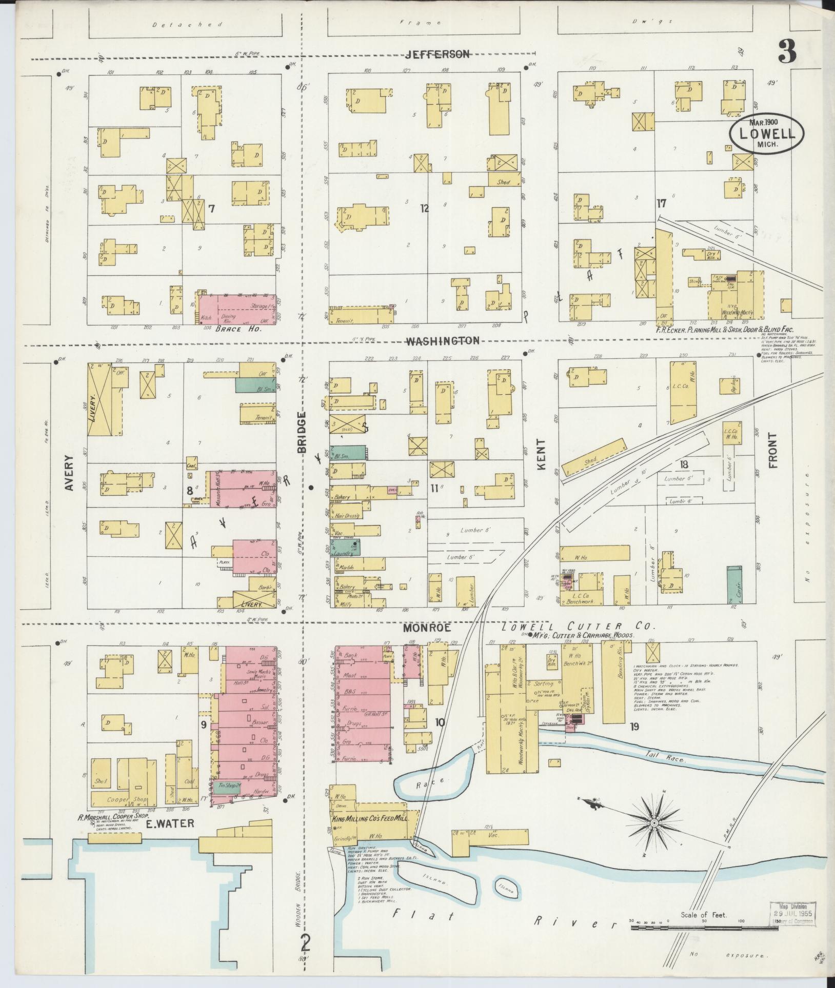 Sanborn Fire Insurance Map from Lowell, Kent County, Michigan (1900), Sheet #0003 - Complete Map Set gallery image, historic Sanborn map, vintage wall art, Michigan Michigan