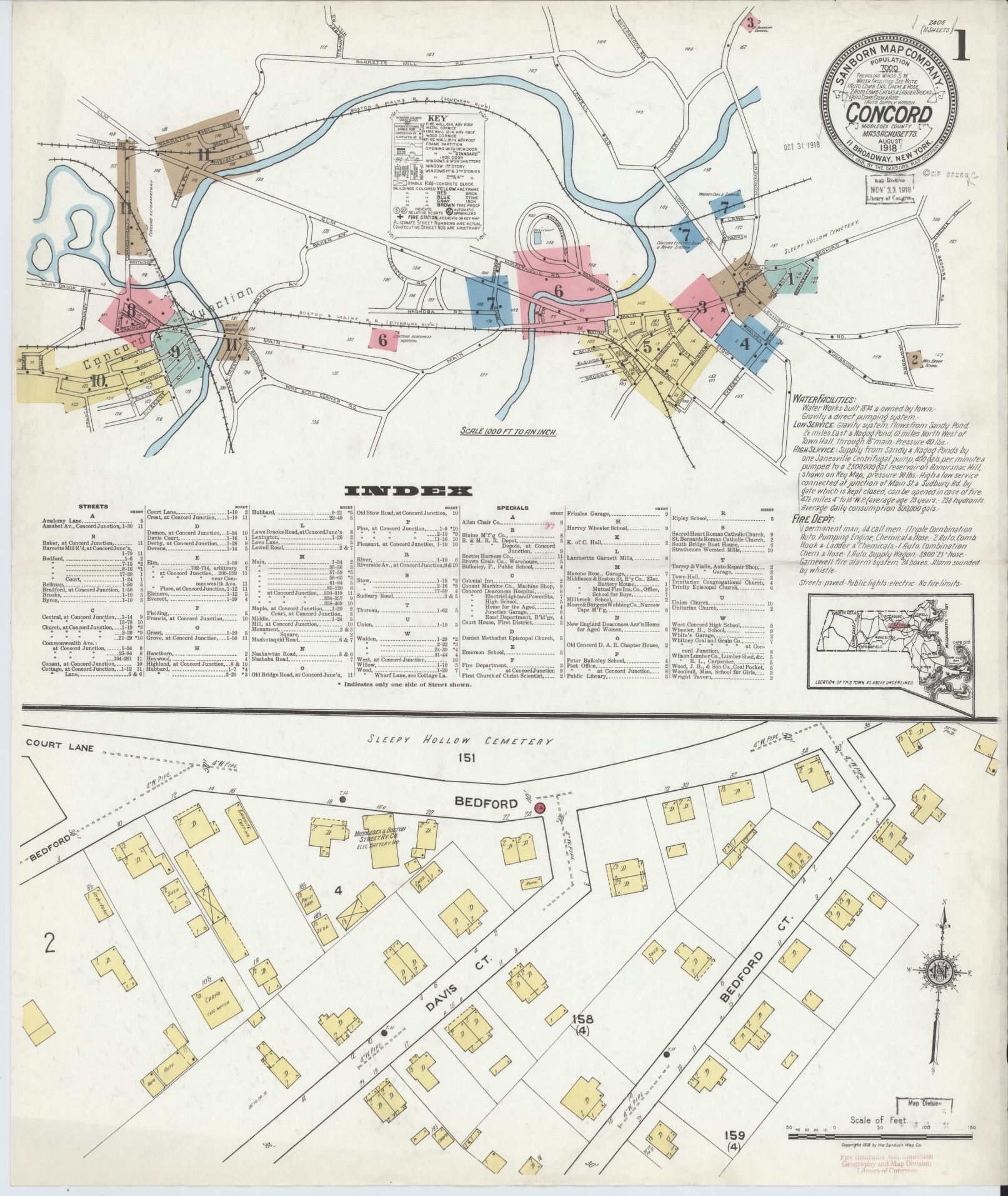 Sanborn Fire Insurance Map from Concord, Middlesex County, Massachusetts (1918), Sheet #0001 - Complete Map Set gallery image, historic Sanborn map, vintage wall art, Massachusetts Massachusetts