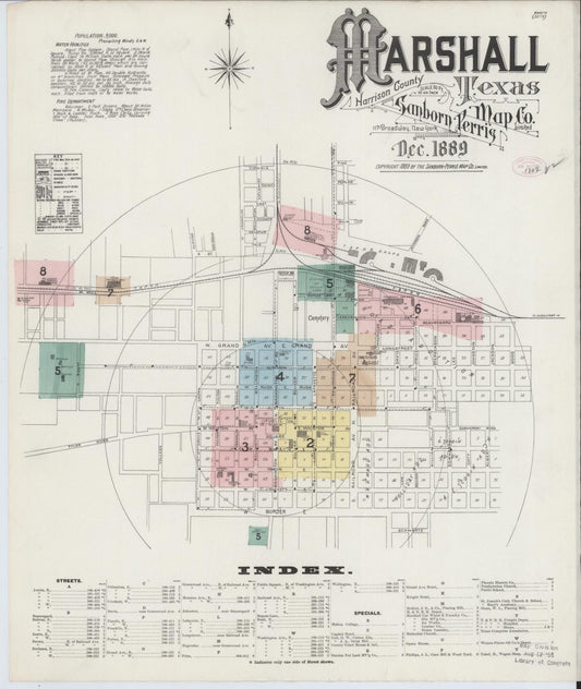 Sanborn Fire Insurance Map from Marshall, Harrison County, Texas (1889), Sheet #0001 - Historic Sanborn Fire Insurance Map Print, vintage old map wall art, antique decor, genealogy gift, Texas Texas map