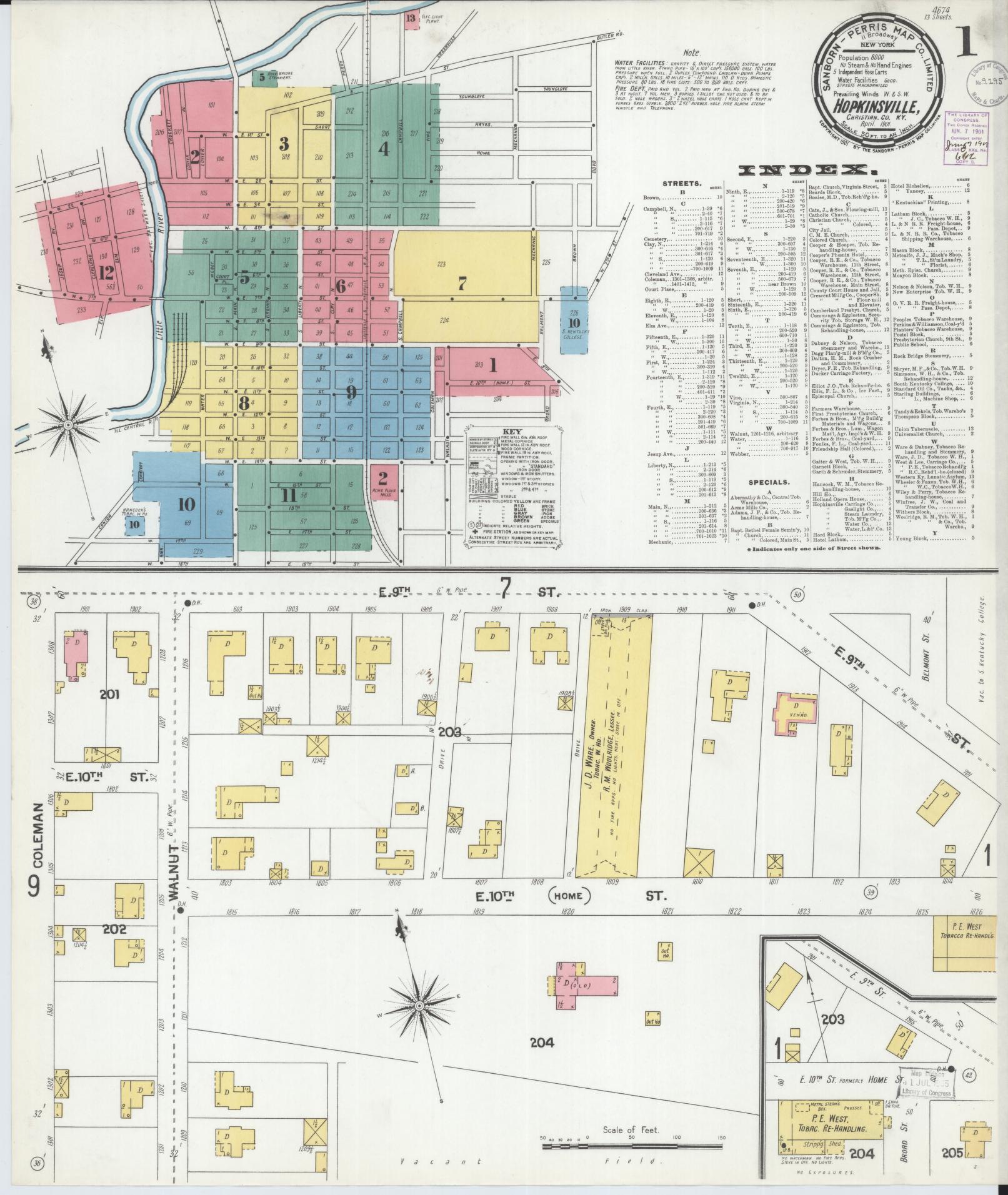 Sanborn Fire Insurance Map from Hopkinsville, Christian County, Kentucky (1901), Sheet #0001 - Complete Map Set gallery image, historic Sanborn map, vintage wall art, Kentucky Kentucky