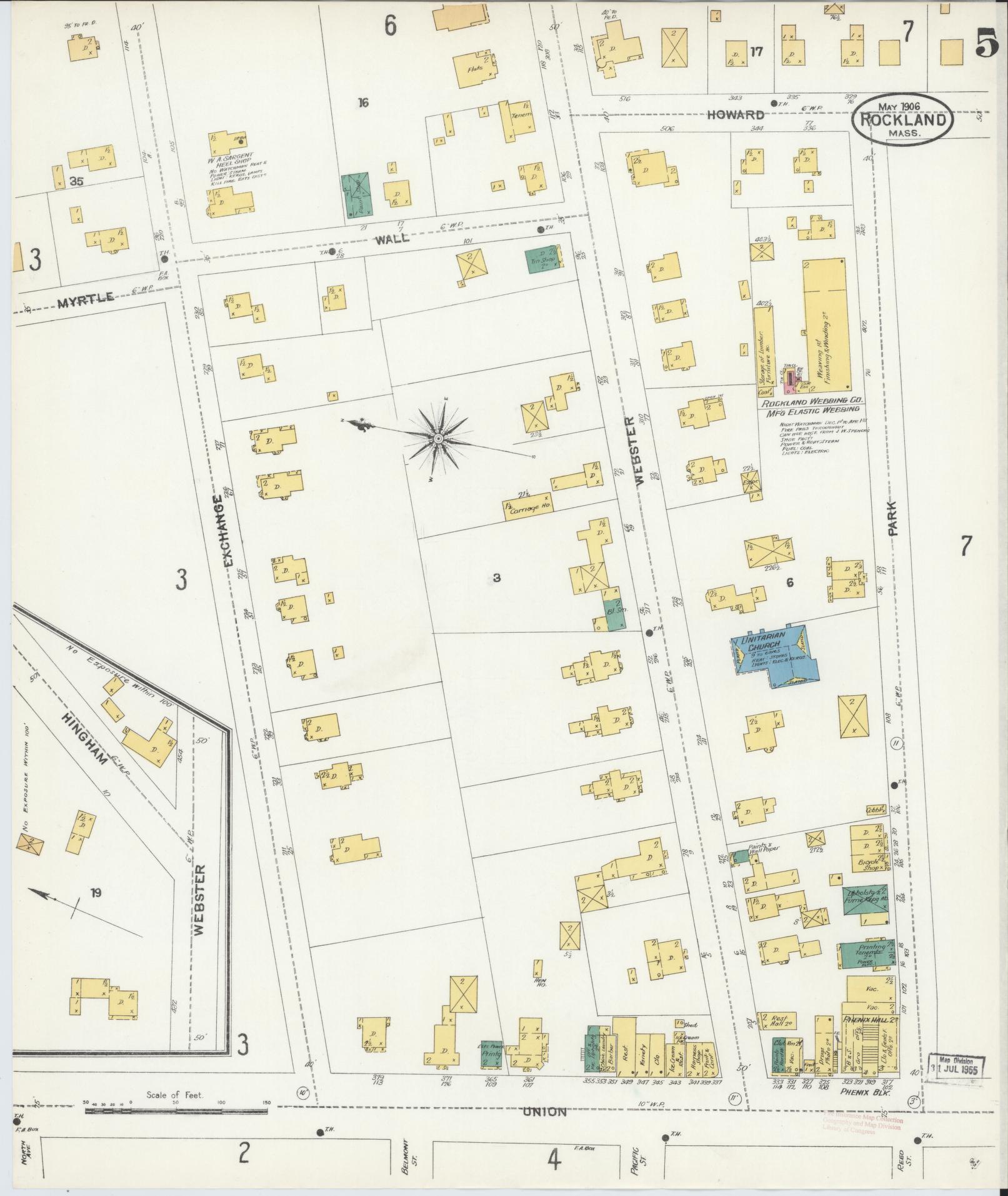 Sanborn Fire Insurance Map from Rockland, Plymouth County, Massachusetts (1906), Sheet #0005 - Complete Map Set gallery image, historic Sanborn map, vintage wall art, Massachusetts Massachusetts