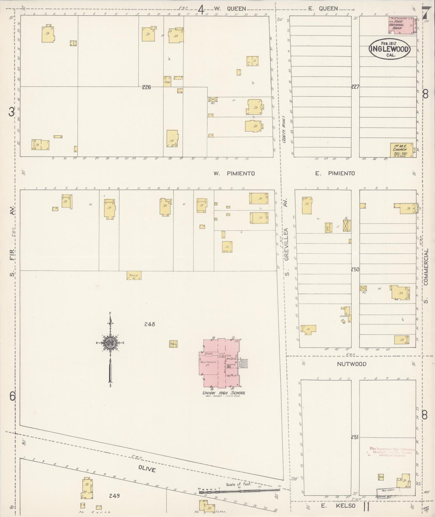 Sanborn Fire Insurance Map from Inglewood, Los Angeles County, California (1912), Sheet #0007 - Historic Sanborn Fire Insurance Map Print, vintage old map wall art, antique decor, genealogy gift, California California map