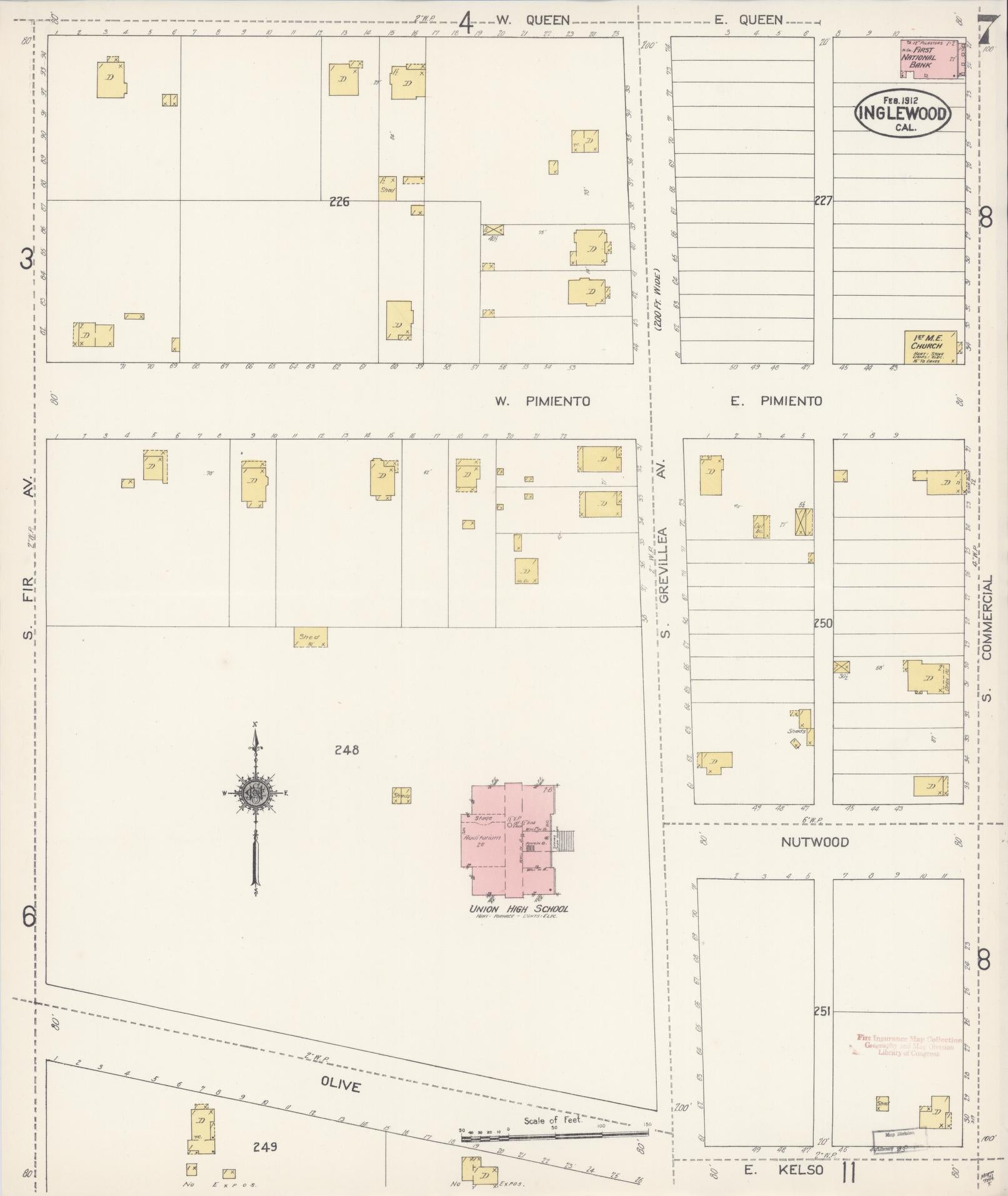 Sanborn Fire Insurance Map from Inglewood, Los Angeles County, California (1912), Sheet #0007 - Historic Sanborn Fire Insurance Map Print, vintage old map wall art, antique decor, genealogy gift, California California map