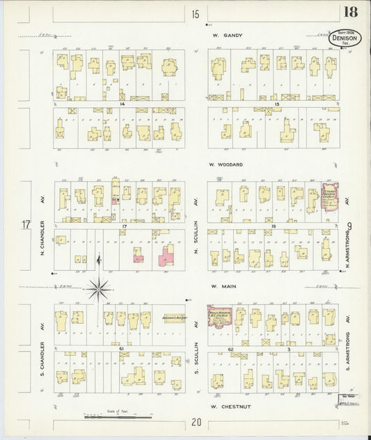 Sanborn Fire Insurance Map from Denison, Grayson County, Texas (1908), Sheet #0018 - Historic Sanborn Fire Insurance Map Print, vintage old map wall art, antique decor, genealogy gift, Texas Texas map