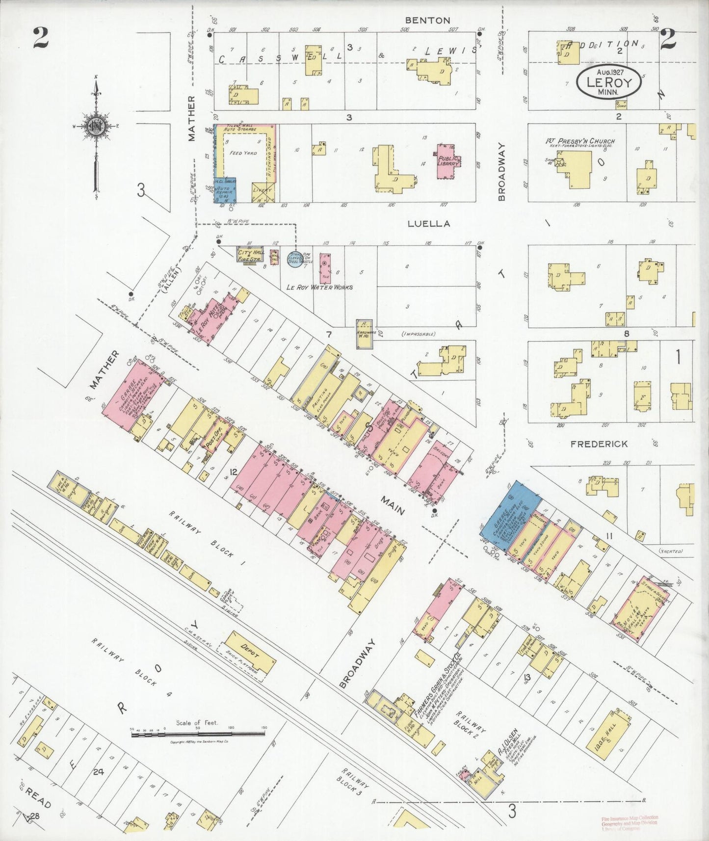 Sanborn Fire Insurance Map from Le Roy, Mower County, Minnesota (1927), Sheet #0002 - Historic Sanborn Fire Insurance Map Print, vintage old map wall art, antique decor, genealogy gift, Minnesota Minnesota map