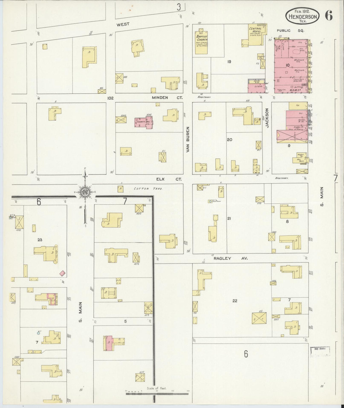 Sanborn Fire Insurance Map from Henderson, Rusk County, Texas (1912), Sheet #0006 - Historic Sanborn Fire Insurance Map Print, vintage old map wall art, antique decor, genealogy gift, Texas Texas map