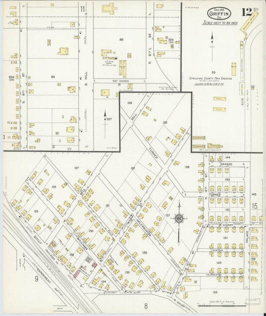 Sanborn Fire Insurance Map from Griffin, Spalding County, Georgia (1915), Sheet #0012 - Historic Sanborn Fire Insurance Map Print, vintage old map wall art, antique decor, genealogy gift, Georgia Georgia map