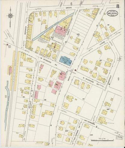 Sanborn Fire Insurance Map from Melrose, Middlesex County, Massachusetts (1915), Sheet #0008 - Historic Sanborn Fire Insurance Map Print, vintage old map wall art, antique decor, genealogy gift, Massachusetts Massachusetts map