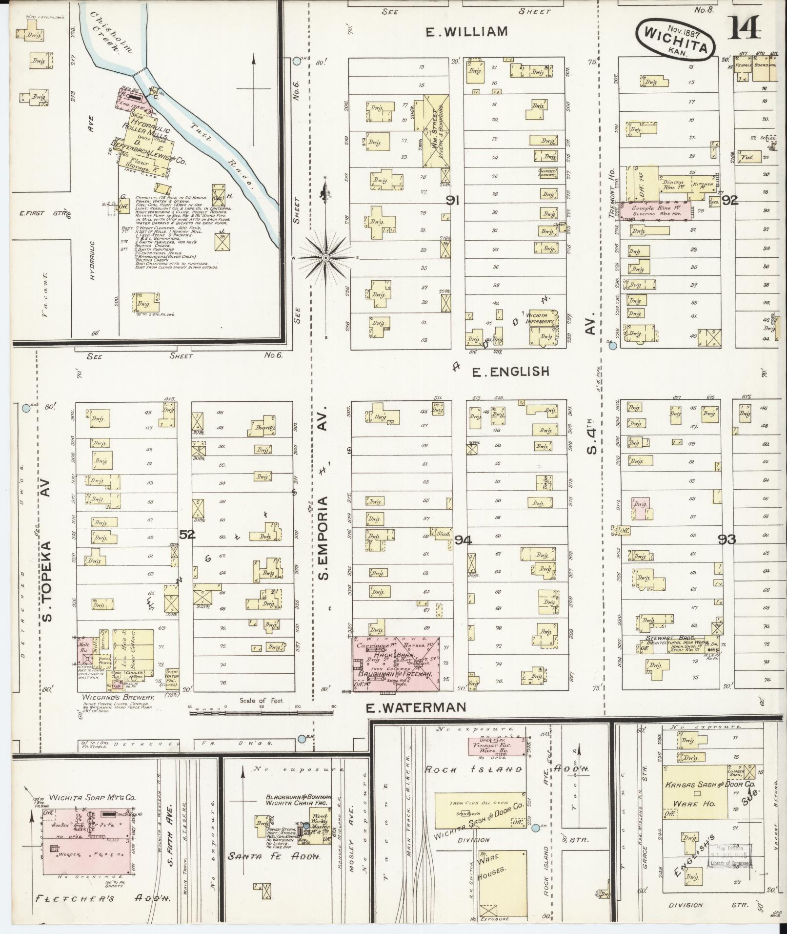Sanborn Fire Insurance Map from Wichita, Sedgwick County, Kansas (1887), Sheet #0014 - Complete Map Set gallery image, historic Sanborn map, vintage wall art, Kansas Kansas